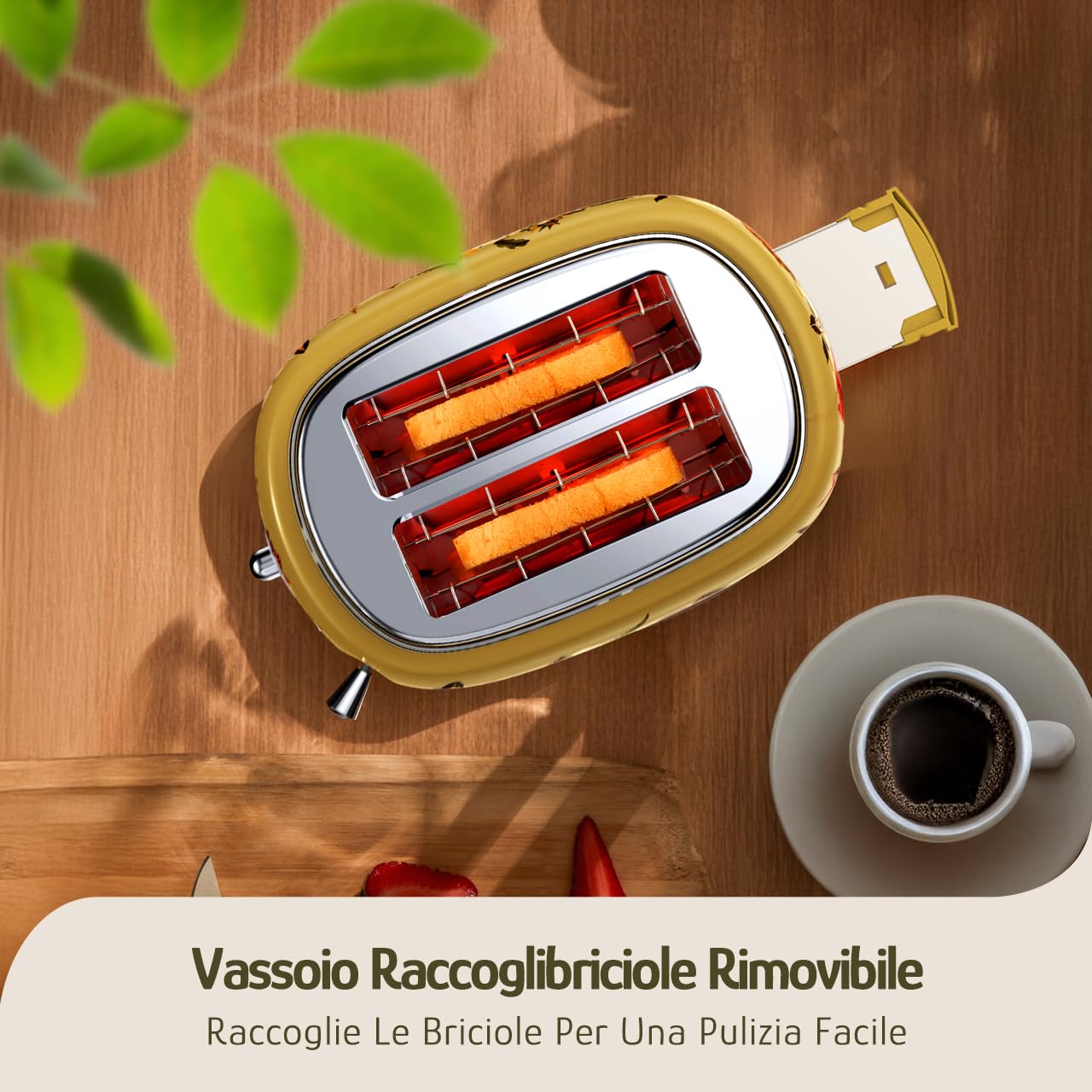 Hazel Quinn Tostapane Vintage, 2 Fette Di Pane Automaticamente Centrato, 3 Funzioni e 6 Livelli di Tostatura, Con Vassoio Per Briciole Rimovibile, 815 Watt - Giallo Stampato