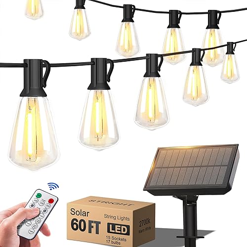 Miniatura 9 de Stright Cadena de luces alimentada por energía solar de 100 pies con control remoto 8 modos de luz, bombilla LED ST38 resistente a la intemperie y a