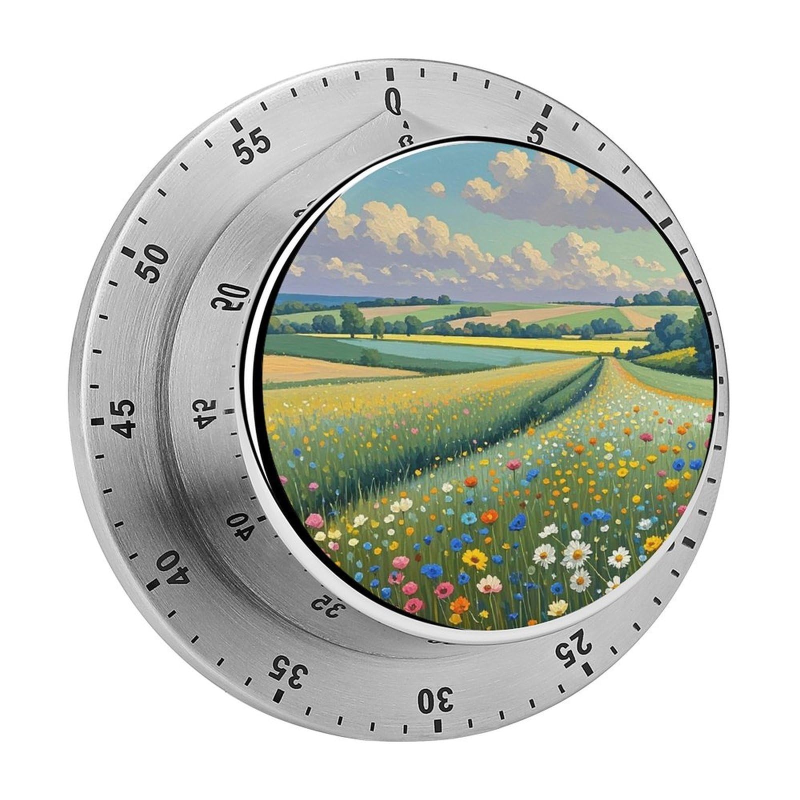 Wildflower Field Timer Fashion Visual Timers Wind Up 60 Minutes Desk Timers Stainless Steel Magnetic Timer Countdown Clock No Batteries Loud Alarm for Kitchen Chef Cooking