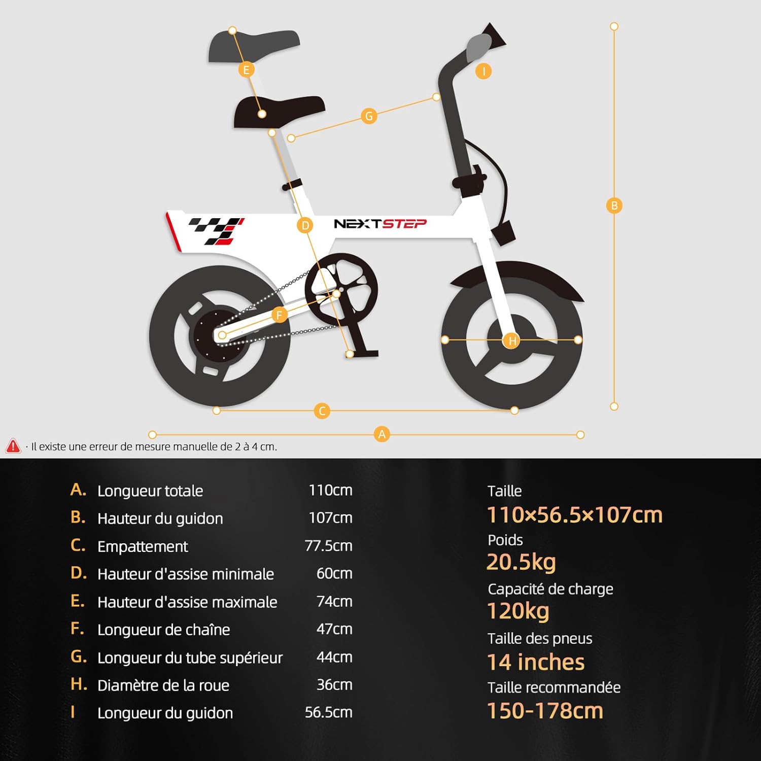 Diagram illustrating the dimensions of the E-RIDES electric bike, including total length, handlebar height, wheelbase, seat heights, chain length, top tube length, wheel diameter, and handlebar length.