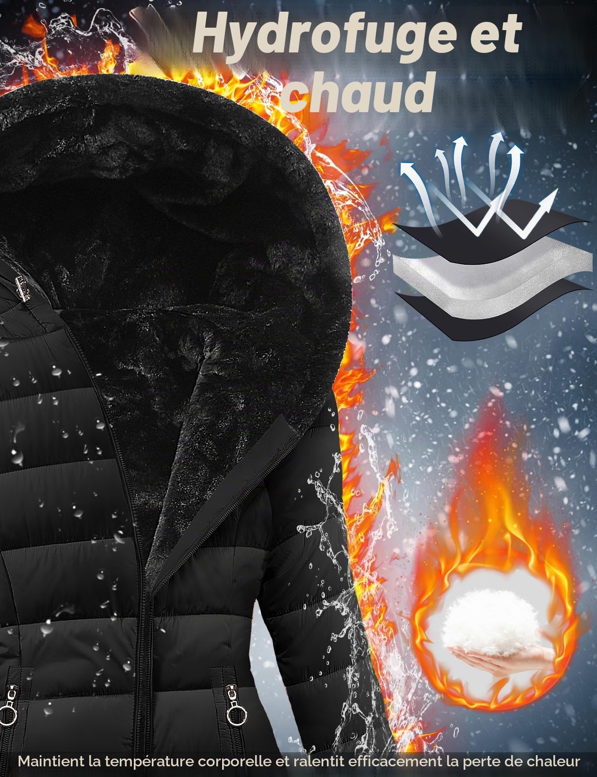Yuson Girl Manteau Femme Longue Matelassé Polaire Doublé Manteau Hiver Veste Épais Chaud Parka Manteau Blouson Zippé à Capuche Hooded Coat Elégant Veste Imperméable Outercoat avec Poches