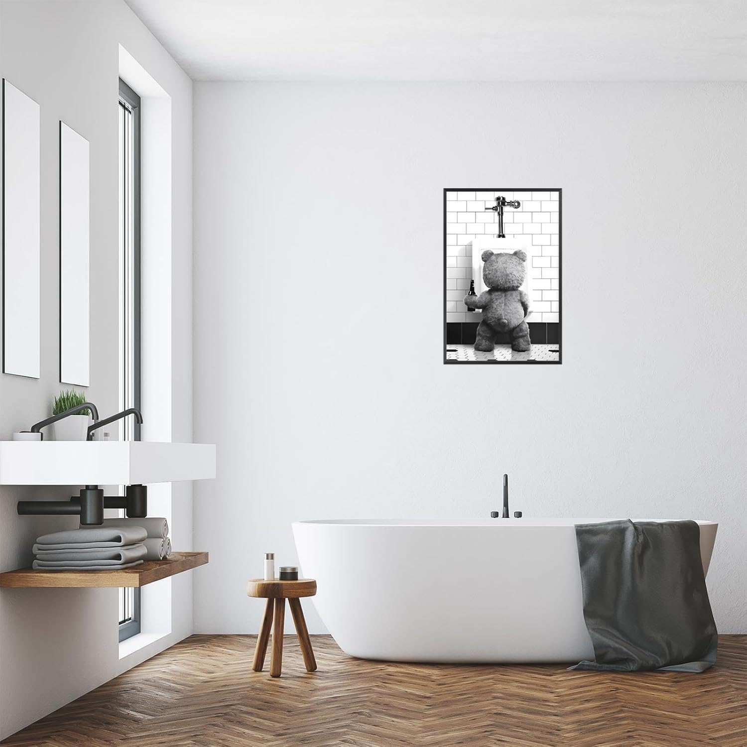 Funny Teddy Bear Poster Black And White Bathroom Canvas Wall Art Humorous Movie Abstract Animal Restroom Prints Painting For Living Room Bedroom Wall Decor 16x24in Framed