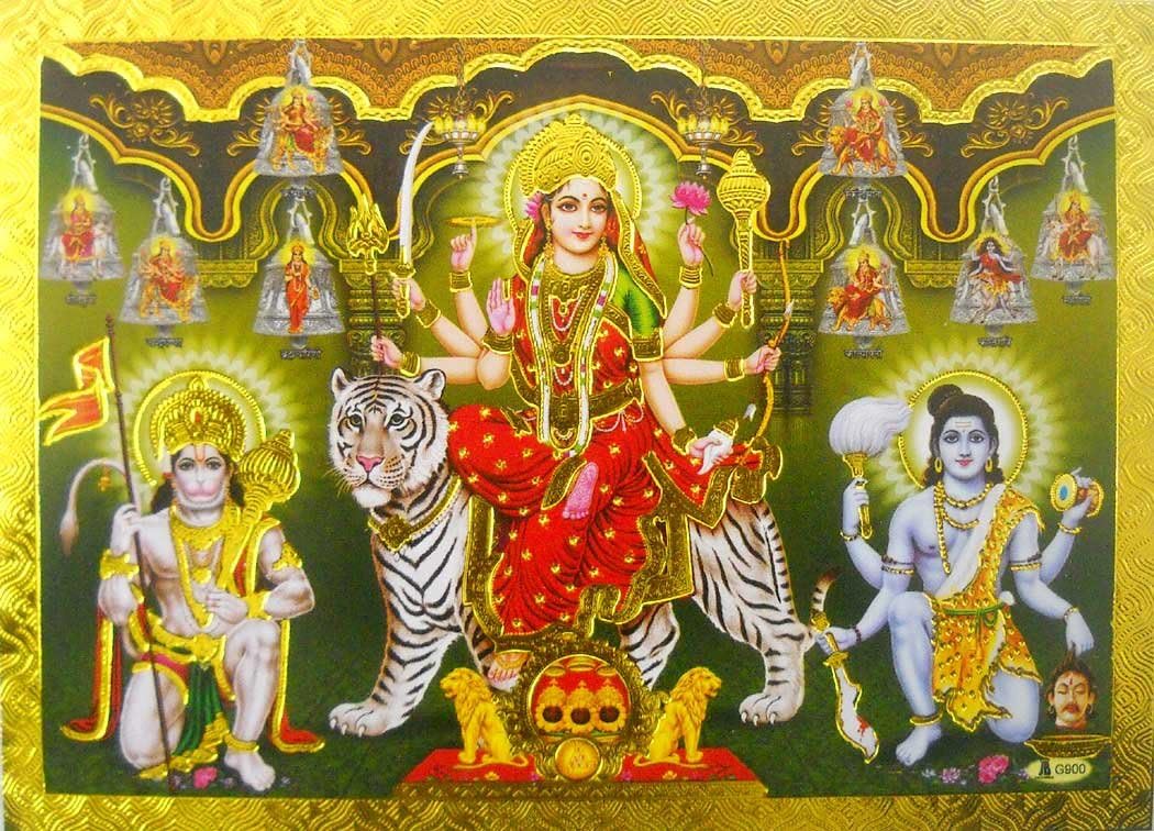 Crafts of India Nine devi's With Hindu Gods Poster/Reprint Hindu Goddess Picture with Golden Foil (Unframed : Size 5"X7" inches)