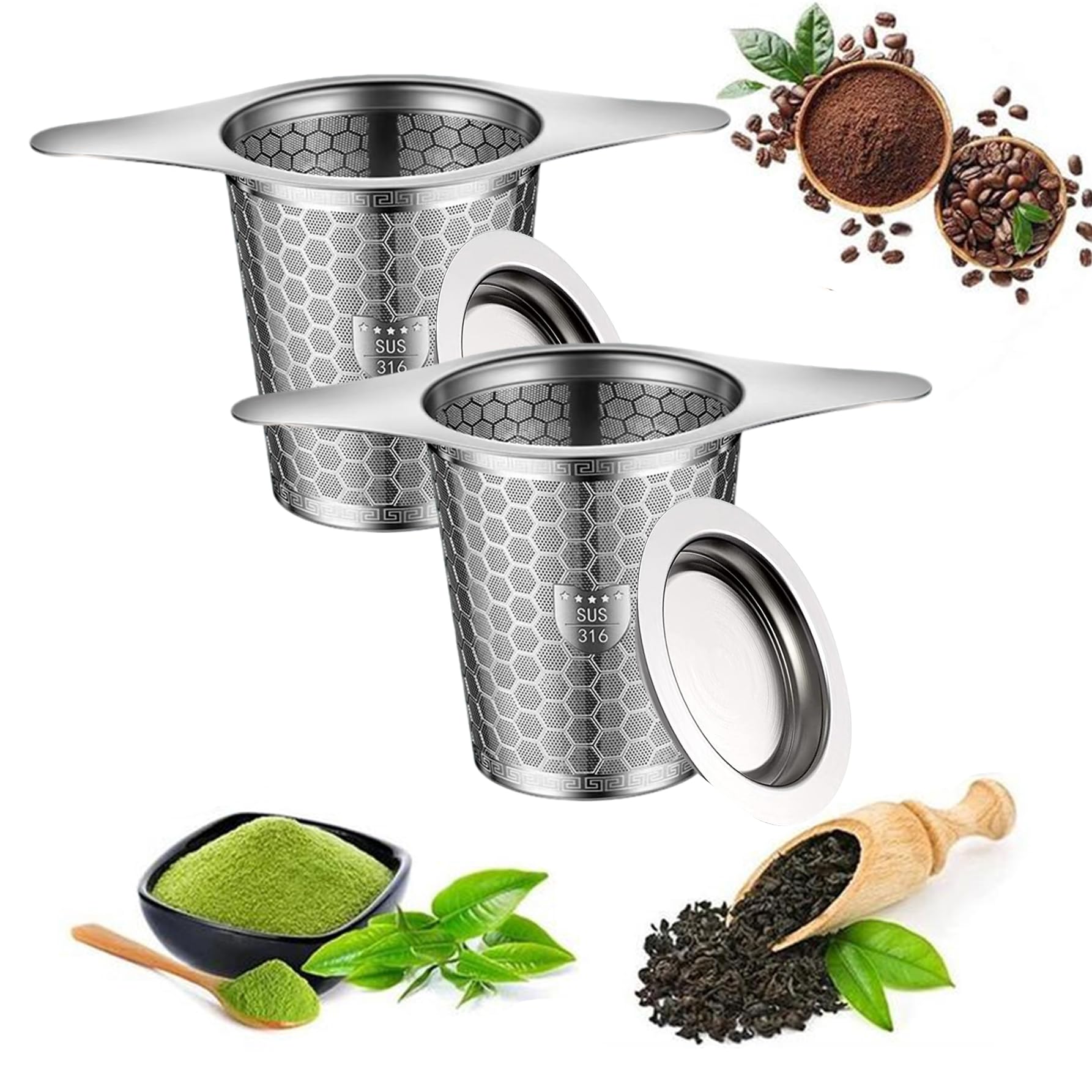 2 Pack Stainless Steel Tea Infuser, SUS 316 Grade Strainers Fine Mesh, Hexagonal Mesh Pattern with Wide Rim Loose Leaf Tea Steeper