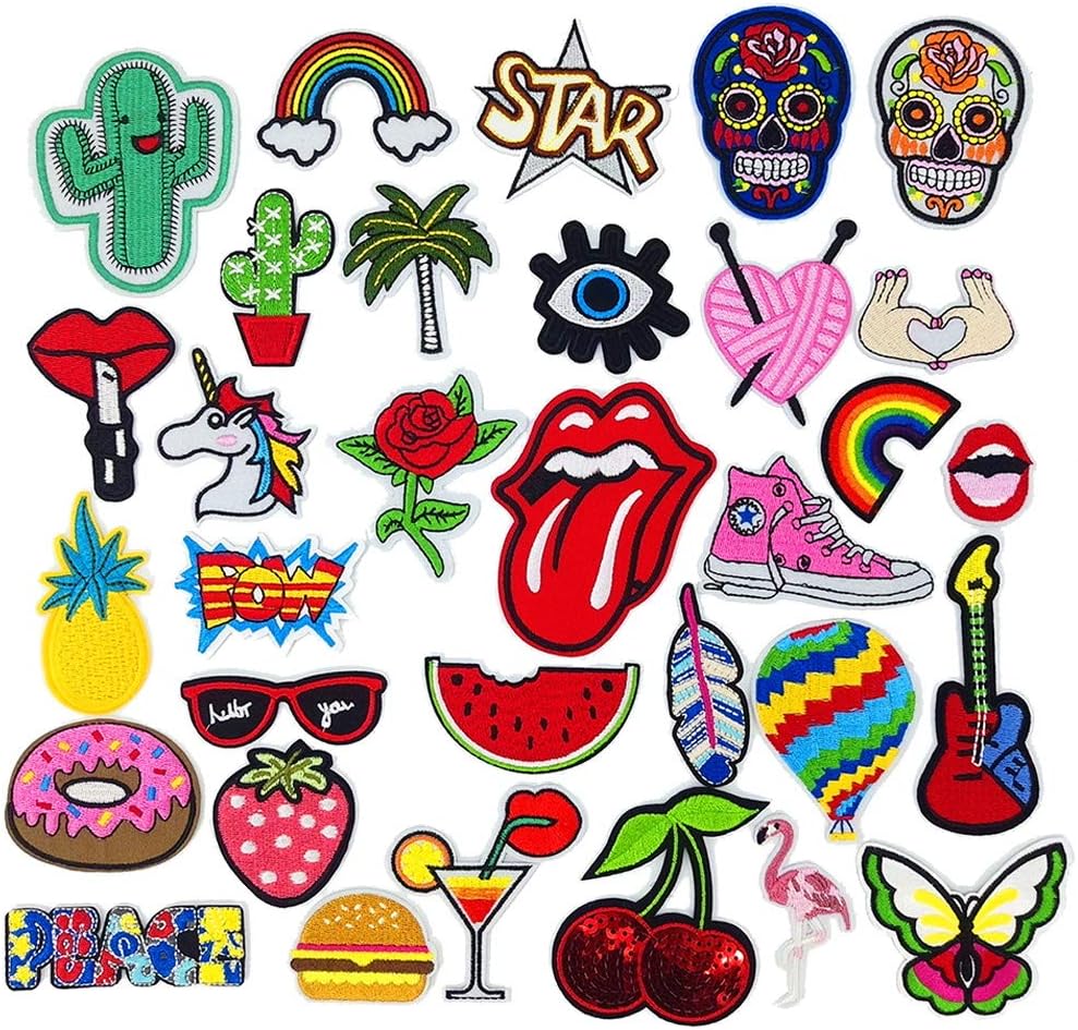 32 Pieces Iron On Patches Kit, Embroidery Applique Patches Stickers Flowers Sew And Badges Fabric Repair Patch For Kids Cute DIY Clothes Jeans Jackets Shoes Bag Backpacks T Shirt
