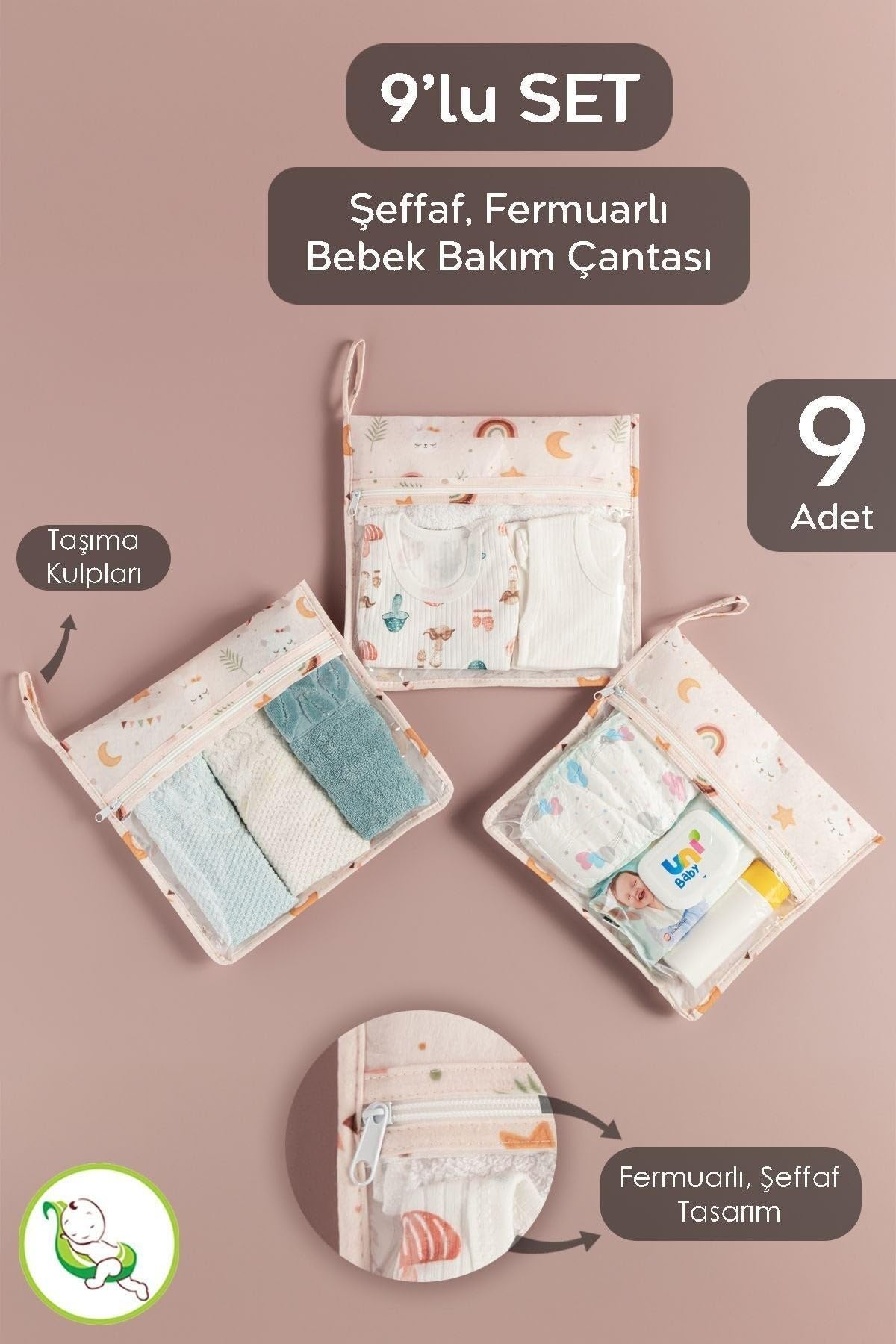 Meleni Baby 9 Parça Şeffaf Pencereli Fermuarlı Yeni Doğan Hastane Organizer Seti - Bavul Valiz Düzenleyici Hurç