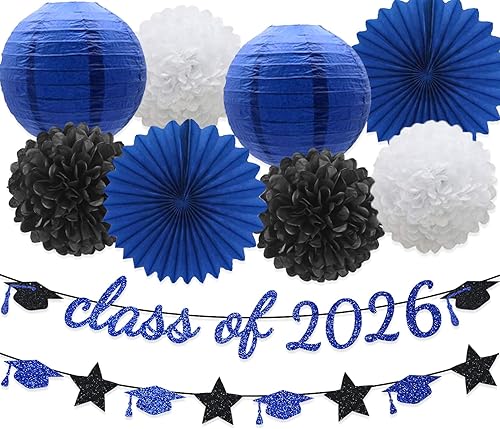 Miniatura 15 de Suministros de fiesta de graduación con purpurina para la clase de pancarta, telón de fondo colgante, flores, pompones, decoración plateada