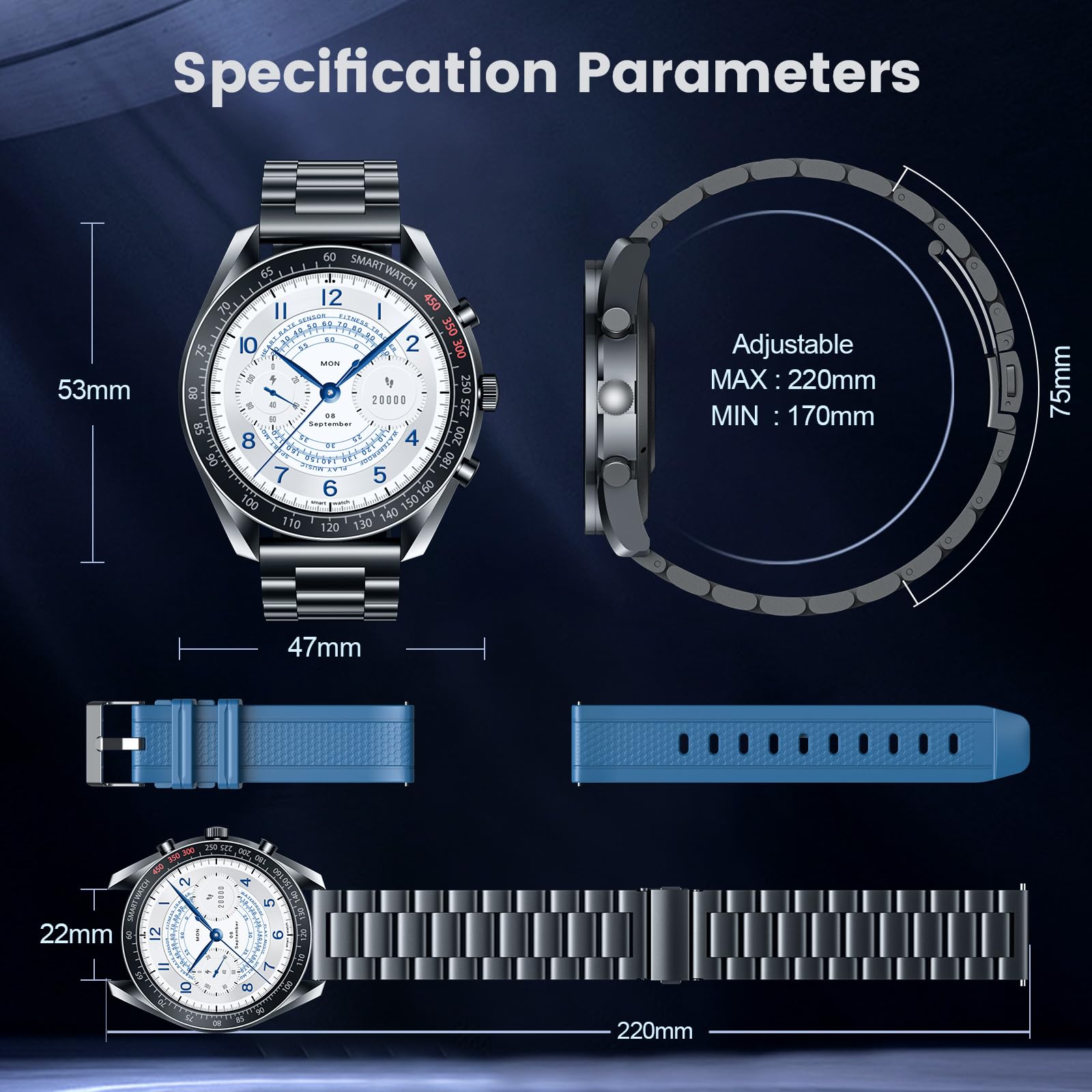 Smartwatch Orologio Uomo Fitness Watch - 1,39"Rotondo Orologi Chiamate Telefono Sanguigna Pressione Digitale Impermeabile Contapassi Sportivo Polso Cardiofrequenzimetro Tracker Compatibile Android iOS