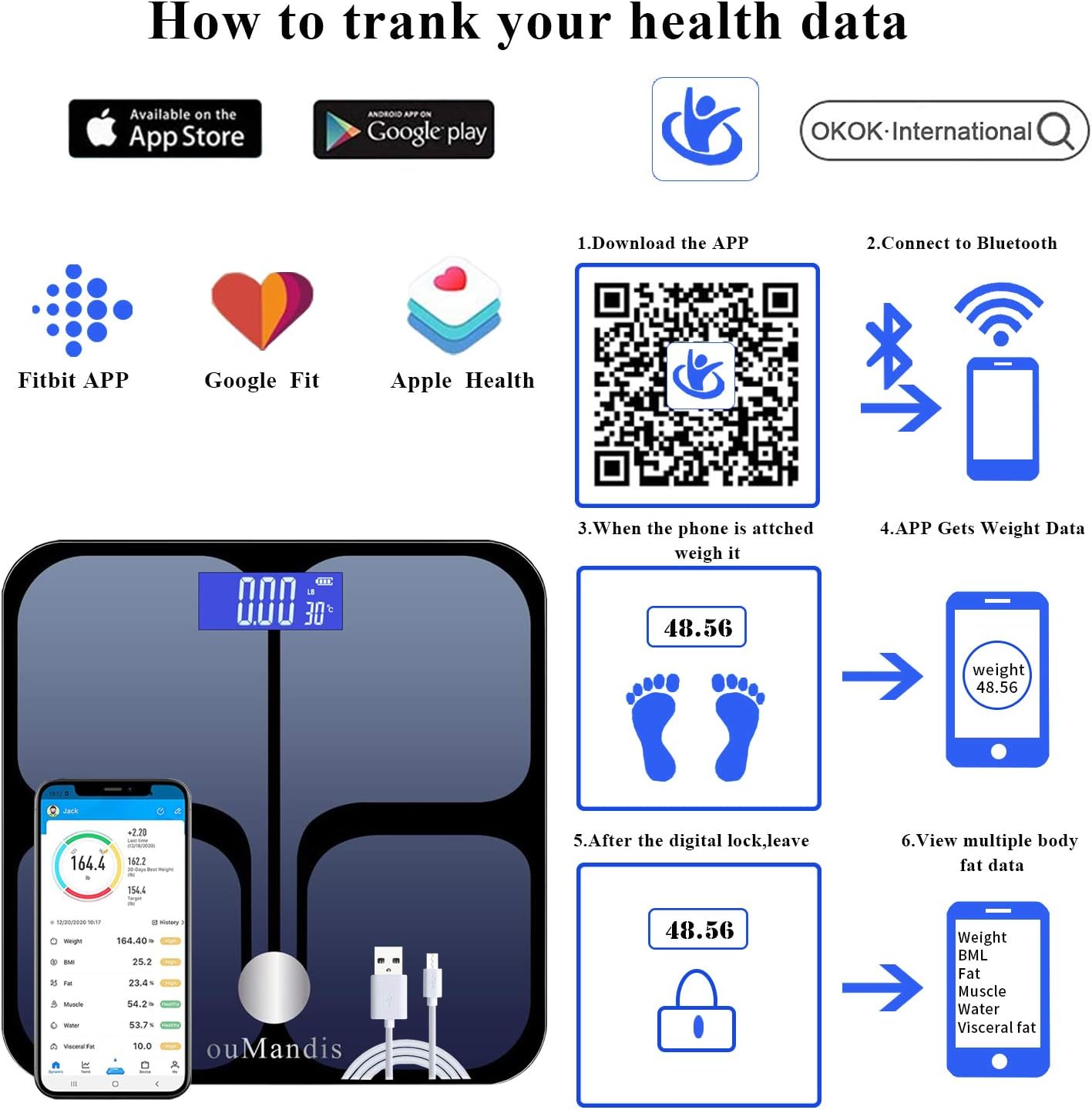 ouMandis Upgrade Premium Smart Scales for Body Weight and Fat, Wireless Weighing Bathroom Scale Bluetooth, Fitness and Health Tracking Body Composition Monitor with iOS Android APP, Auto Recognition : Health & Household