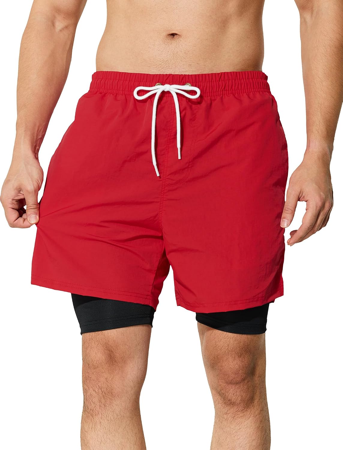 Mens Swim Trunks with Compression Liner 5 inch Inseam Quick Dry Bathing Suit 2 in 1 Board Shorts