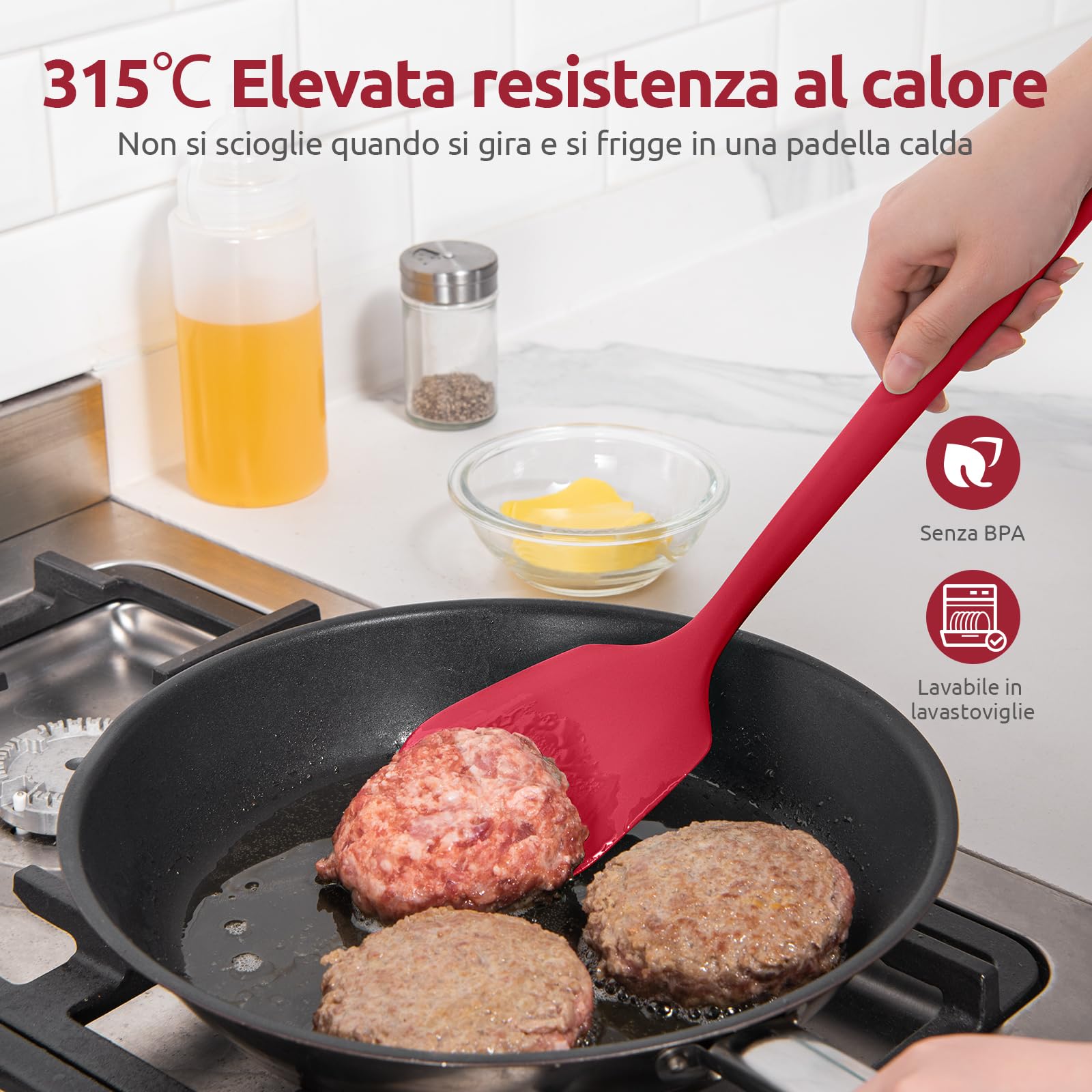 U-Taste Extra lunga spatola in silicone: Spatola da cucina solida e scanalata resistente al calore a 315 ℃, flipper da cucina per friggere pancakes di pesce (Rosso, 2 pezzi)