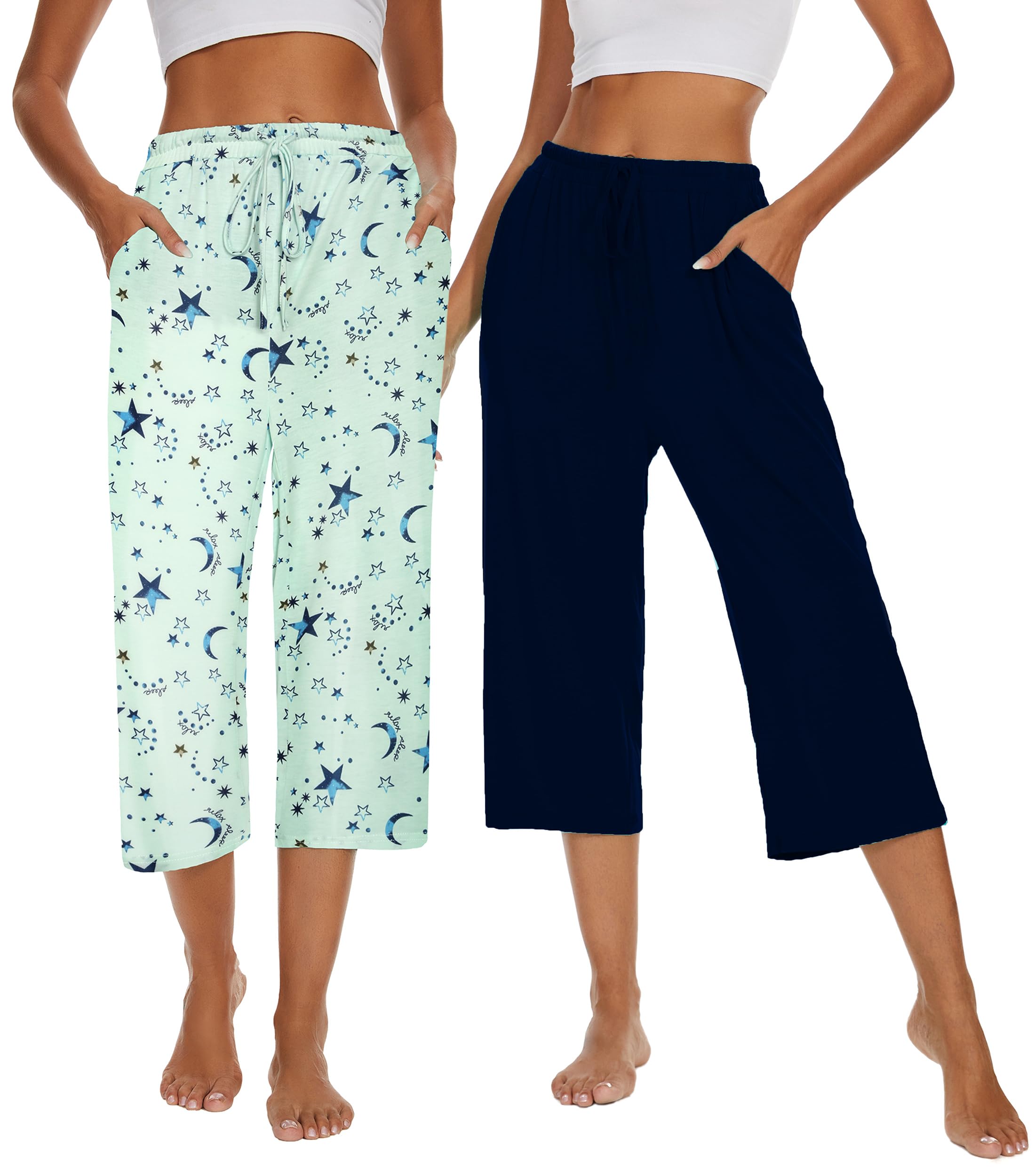 Kabento 2 Pack Womens Pajama Pants Capri Sleep Lounge Pants Drawstring Pj Bottoms with Pockets