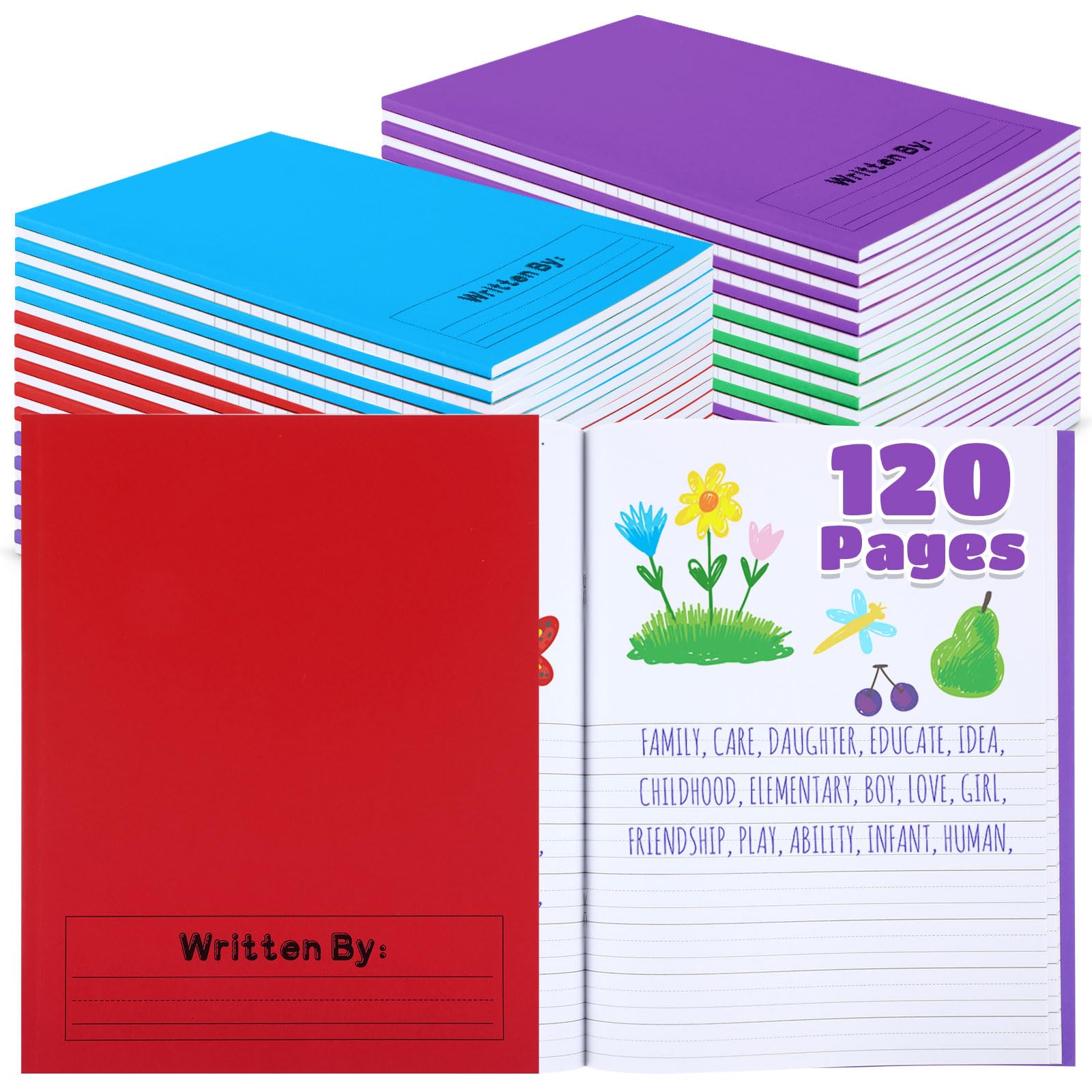 Henoyso 120 pagine, quaderni per composizione primaria, 22 x 19 cm, quaderni primari K-2, libri vuoti per bambini, per scrivere storie, quaderni per bambini all'asilo (rosso, verde, blu, viola, 12