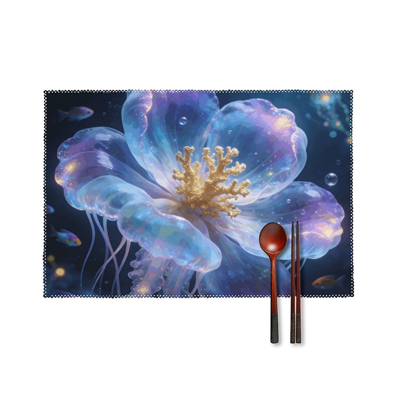 Oceanic Bloom Placemats Set of 6, 12x18 Inch Heat Resistant Washable Canvas Table Mats, Stain Resistant Decorative Dining Placemats for Kitchen, Restaurant, Outdoor Party