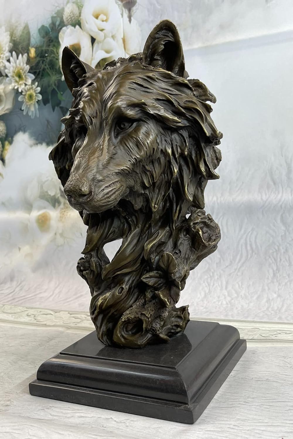 EUROPEAN BRONZE Art Deco Marble Base Bronze Sculpture Statue Wolf Bust Wild Life Garden Figurine Home Decor Artwork Handmade