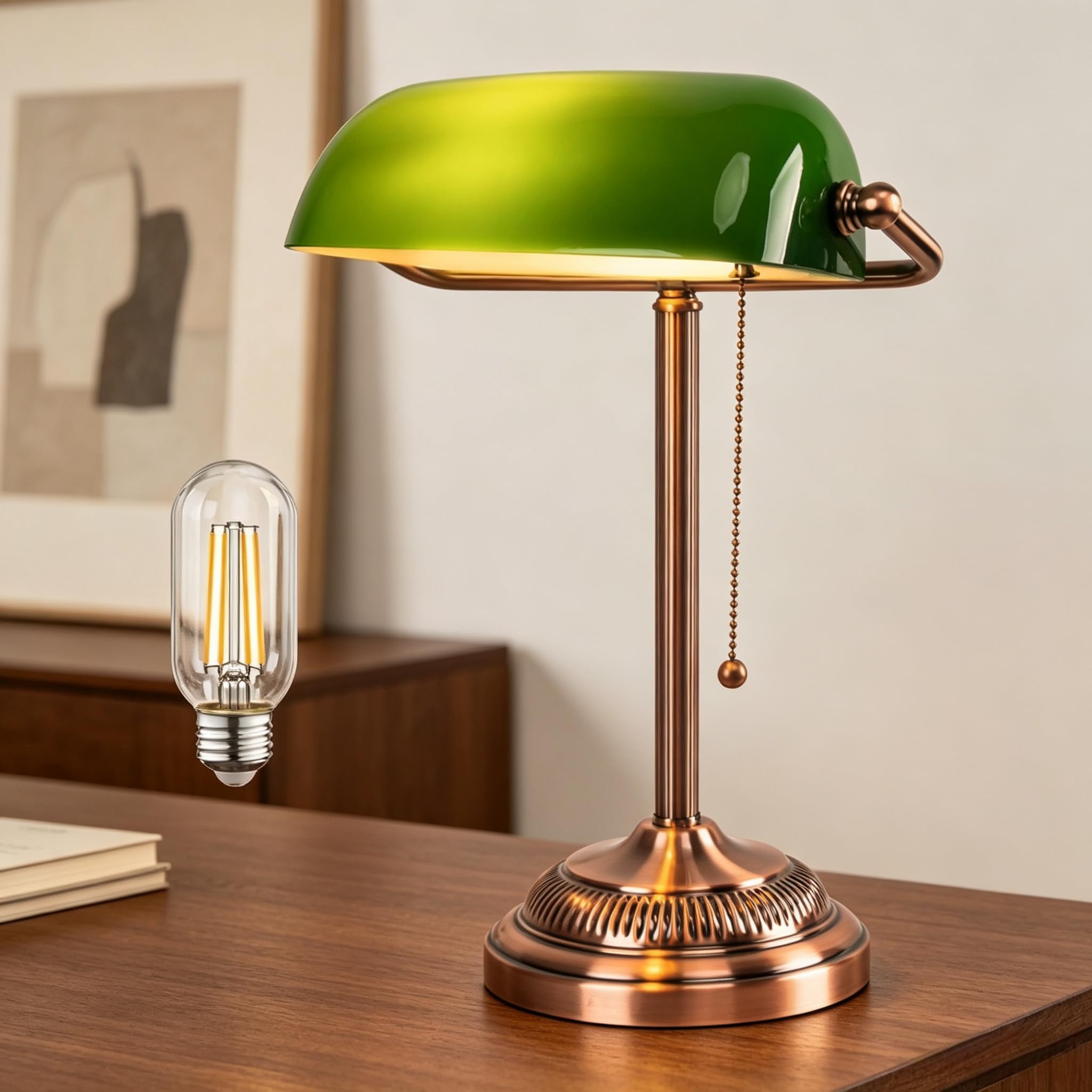FIRVRE Lampada da scrivania banchiere in vetro verde, lampada da scrivania vintage con interruttore a catena, lampada da tavolo retrò per home office, biblioteca, pianoforte