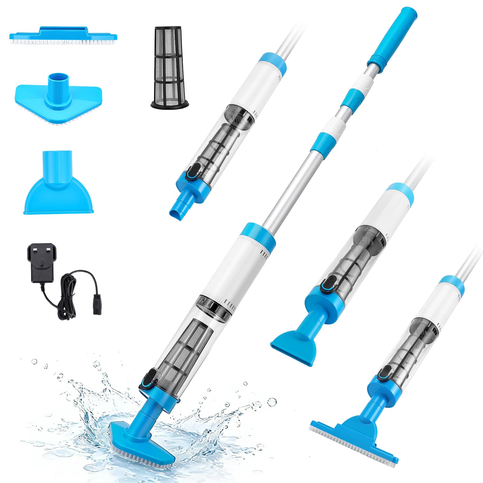 Aspirador Piscina, Limpiafondos Piscina Recargable, Aspirador Manual con Pértiga Telescópica 103,5–162,5 cm, Fuerte Succión y 3 Cabezales para Piscinas Enterradas y Sobre Tierra, Jacuzzis, Spas