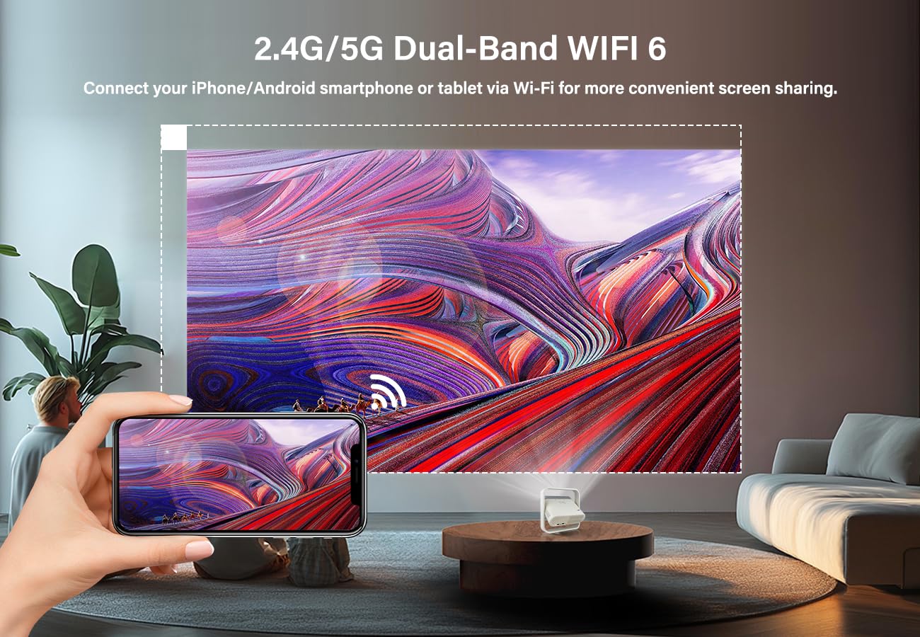 [App integrate] Proiettore WiFi 6 e Bluetooth 5.4, Mini proiettore Full HD 1080P compatibile 4K, Auto Focus, Auto Keystone, Rotazione 360°, Home Theater Portatile Compatibile HDMI/USB/TV Stick