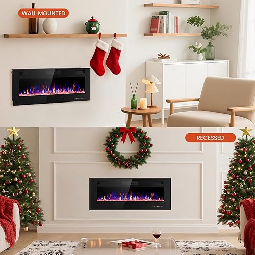 Miniatura 8 de Chimenea eléctrica de 50 pulgadas, ultrafina, empotrada y montada en la pared con control remoto, calentador de chimenea, temporizador, color de