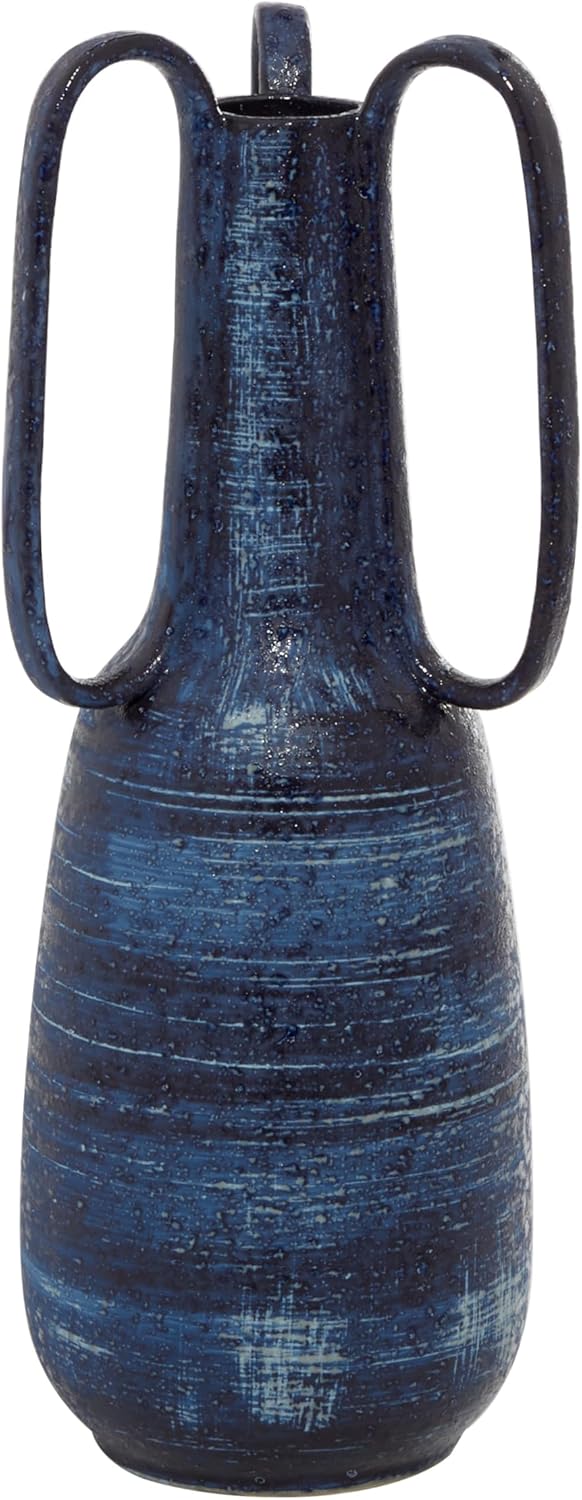 Deco 79 Ceramic Decorative Vase Centerpiece Vase with Handles, Flower Vase for Home Decoration 7" x 7" x 17", Blue