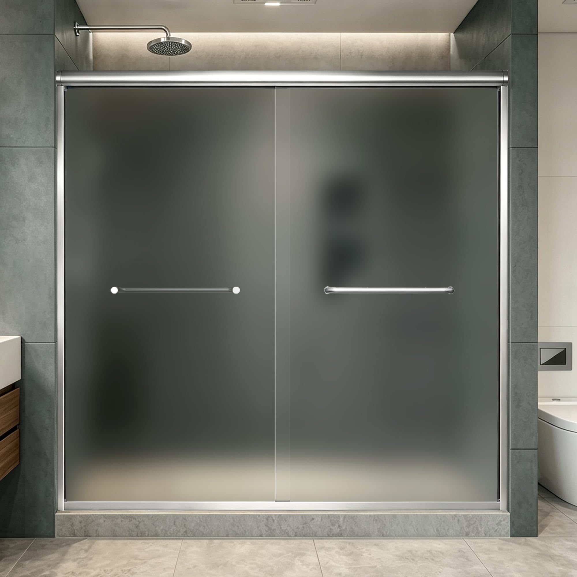 Frosted Double Sliding Shower Door 67-67-72" W x 70" H, Chrome Finish, Bypass Shower Door, Framed, 1/4" (6mm) Tempered Glass
