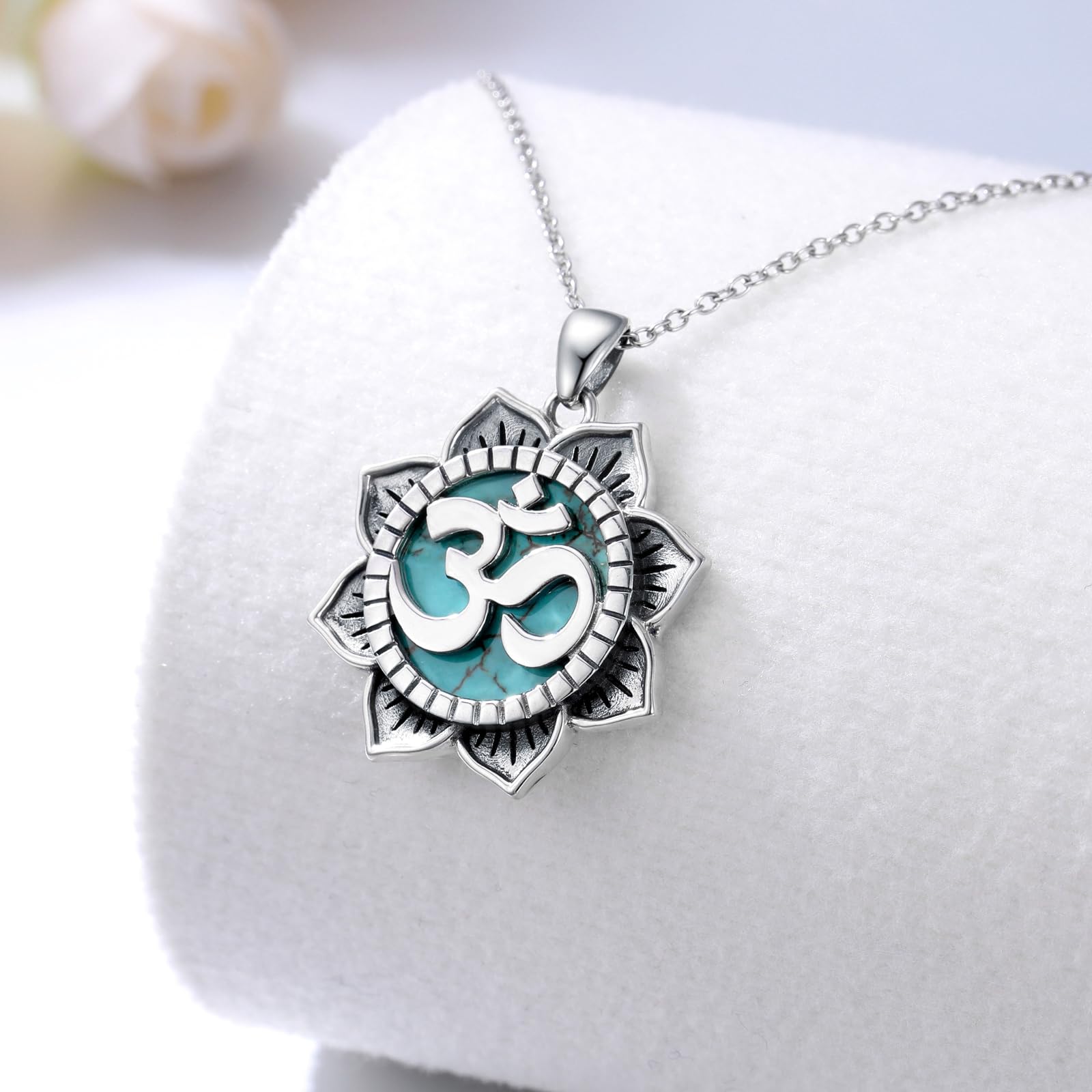 Om-Halskette 925er-Sterlingsilber echter blauer Türkis Om-Symbol Lotusblumen-Anhänger Westernschmuck Geschenke für Frauen