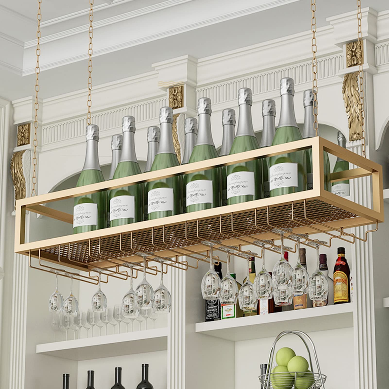 Étagère à vin en or ULAINE avec porte-verre suspendu mural pour cuisine