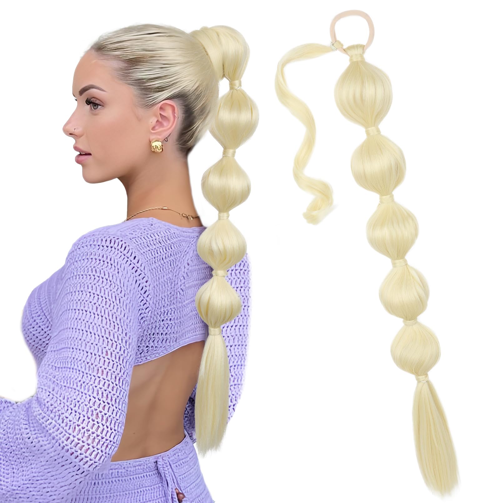 LONAI Bubble Ponytail Extension for Women,28 Inch Long Braided Wrap Around Synthetic Hair with Leather Cord, Straight Afro Puff, Braided Ponytail