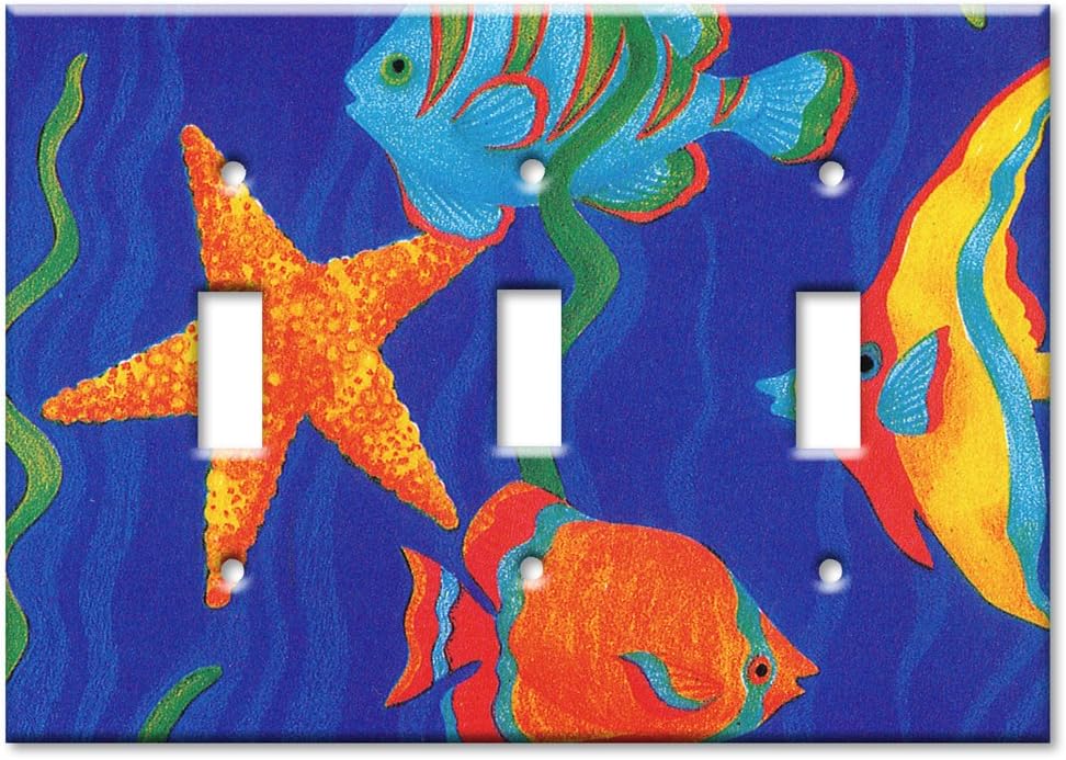 Art Plates - Decorative Switch Plate - OVER SIZED Outlet Cover - Triple Gang Toggle Decorative Metal Wall Plate - Fish - (Made in USA)