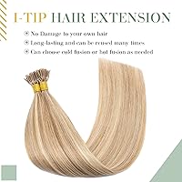 Vista 3 de MY-LADY Extensiones de cabello humano con punta I Tip, 100 hebras, 16 pulgadas, mezcla de castaño dorado, rubio decolorado, extensiones de cabello