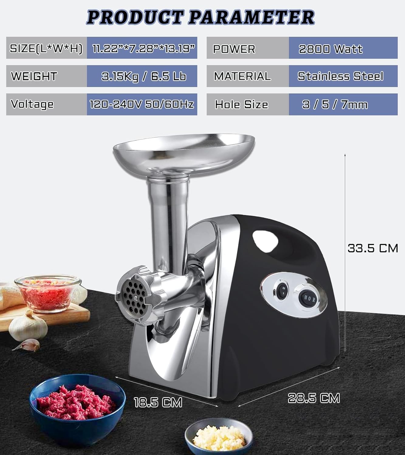 VNIMTI Electric Meat Grinder Mincer Machine,Heavy Duty Meat Grinders 2800W,Sausage Maker with Blade,3 Plates,Sausage Stuffer Tube and Kubbe Kit for Home Kitchen Use, 2800W, Black