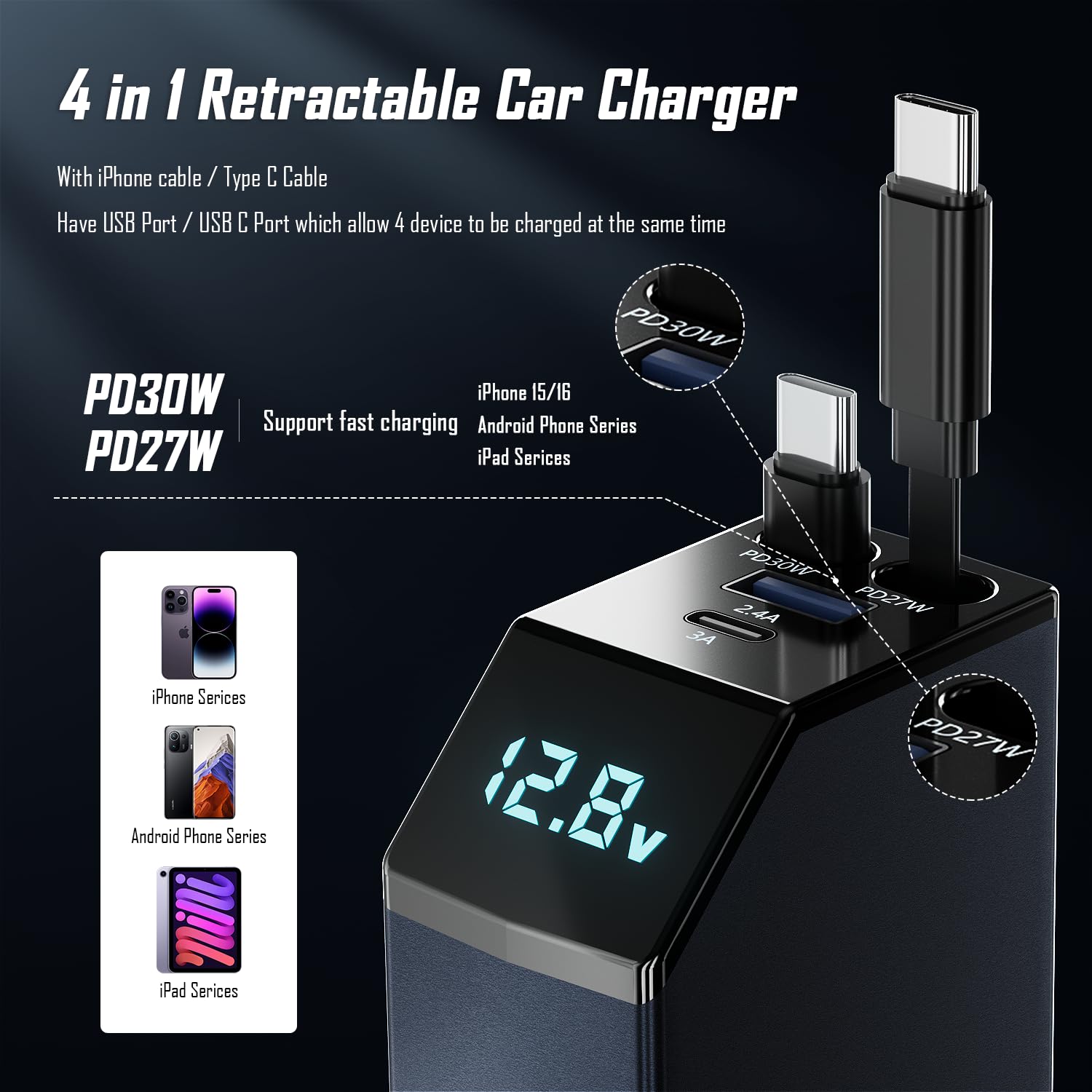 Beysen Retractable 4 in 1 Fast Car Charger - 84W, 2 Retractable Cords (TypeC & USB), Compatible with iPhone 11-16, Gray
