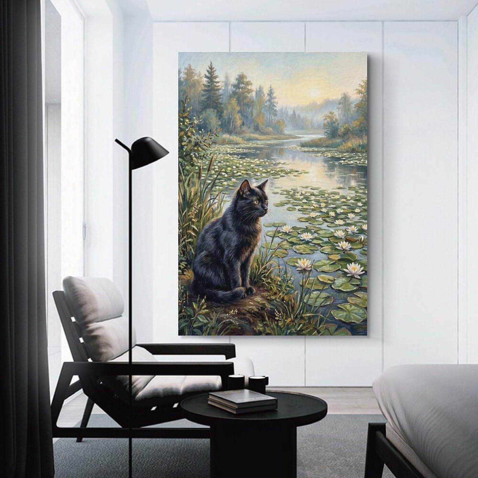 Junmoney Unframe-Style-5 Black Cat By A Lily Pond Wall Picture Print, 20X30inch(50X75cm), For New Homes, Bedrooms Or Workspaces, Thoughtful Wall Decor For Art Lovers