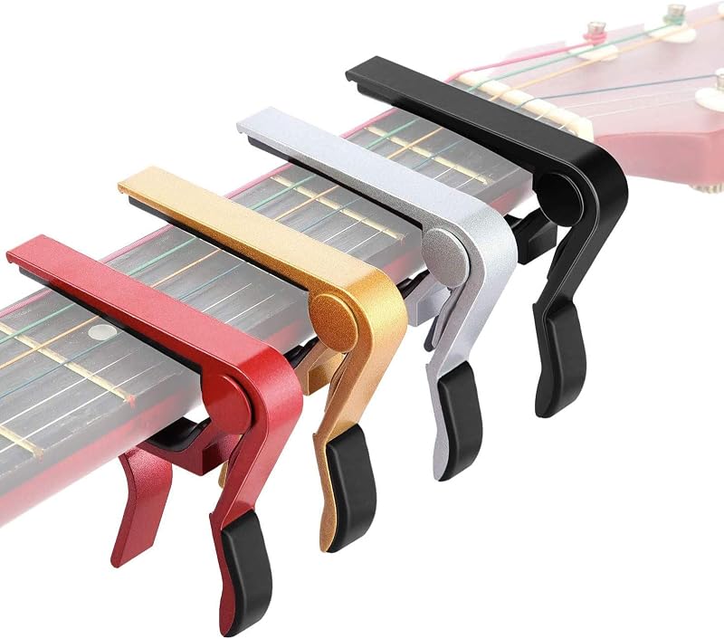 4 Pcs Guitar Capo Clamp Universal Aluminum Instrument Accessory | Compatible with 6-string Acoustic, Electric Classical Guitar, Bass, Banjo, Violin, Ukulele; Black, Red, Silver, Gold