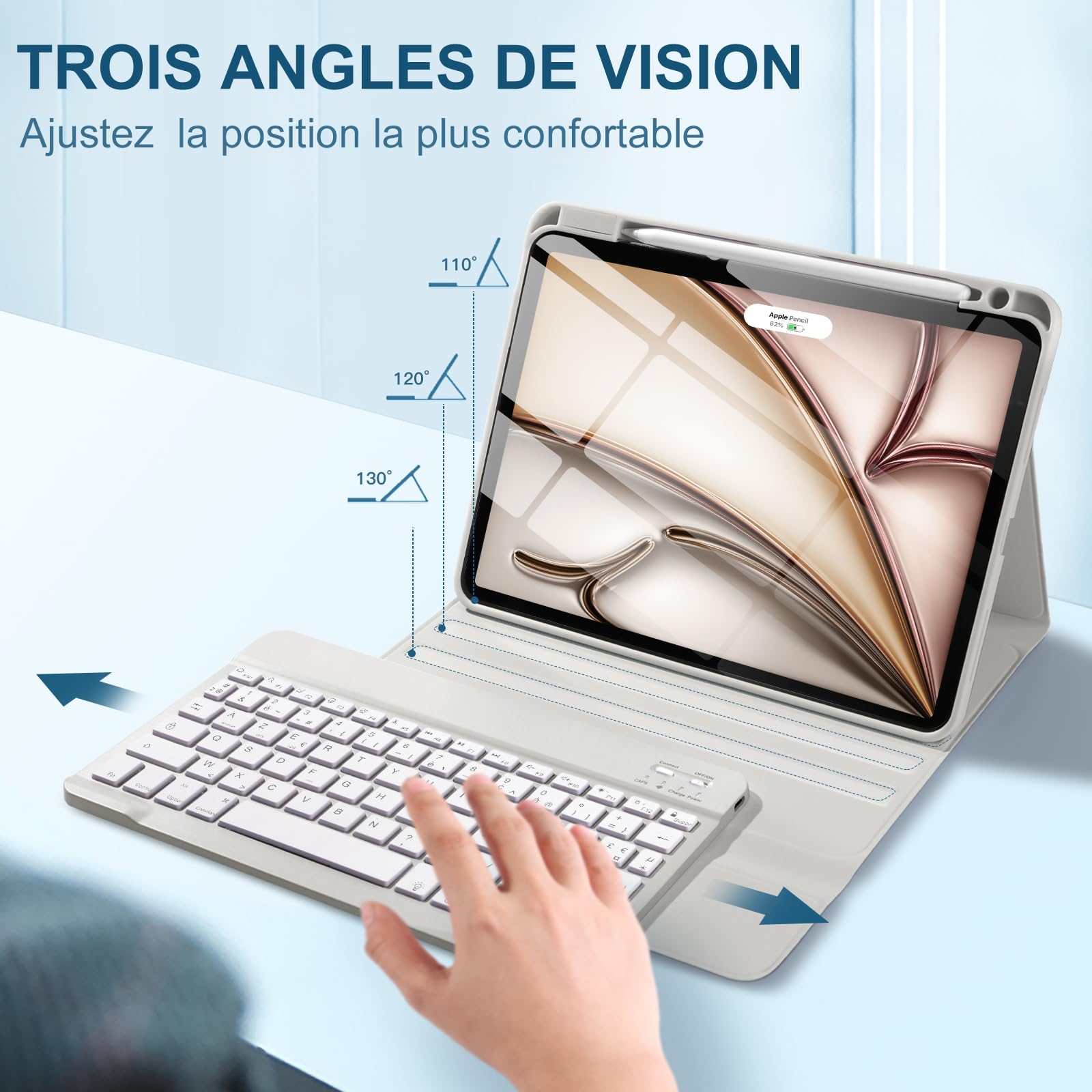 Vobafe Coque Clavier iPad Air 11 Pouces M4 2026/M3 2025/M2 2024, Air 10.9" 5ème 2022/4ème 2020, Etui Détachable Keyboard 7 Couleurs Rétroéclairées avec Porte Crayon, AZERTY Layout, Gris Clair