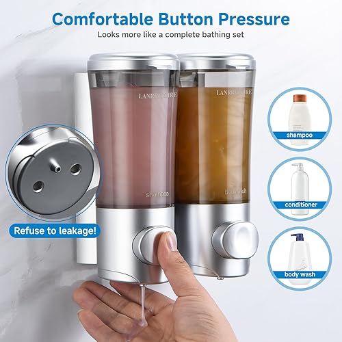 Miniatura 6 de Dispensador de champú y acondicionador, dispensador de jabón de ducha, 2 cámaras, sin taladro, dispensador de champú montado en la pared,