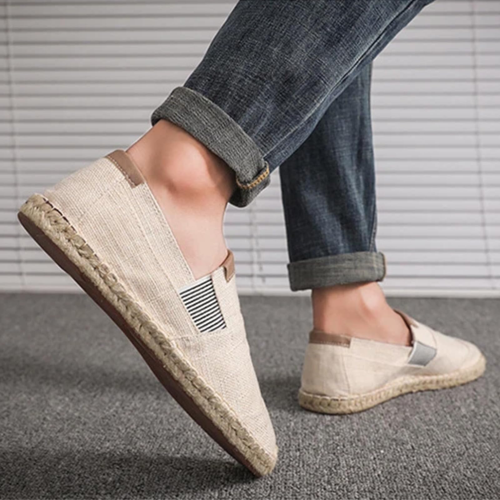 Scarpe Uomo Lino Tela Espadrille Pescatore Casual | Tela lino forma tomaia leggera. Modello piatto adatto alla spiaggia, spostamenti quotidiani e svago weekend.