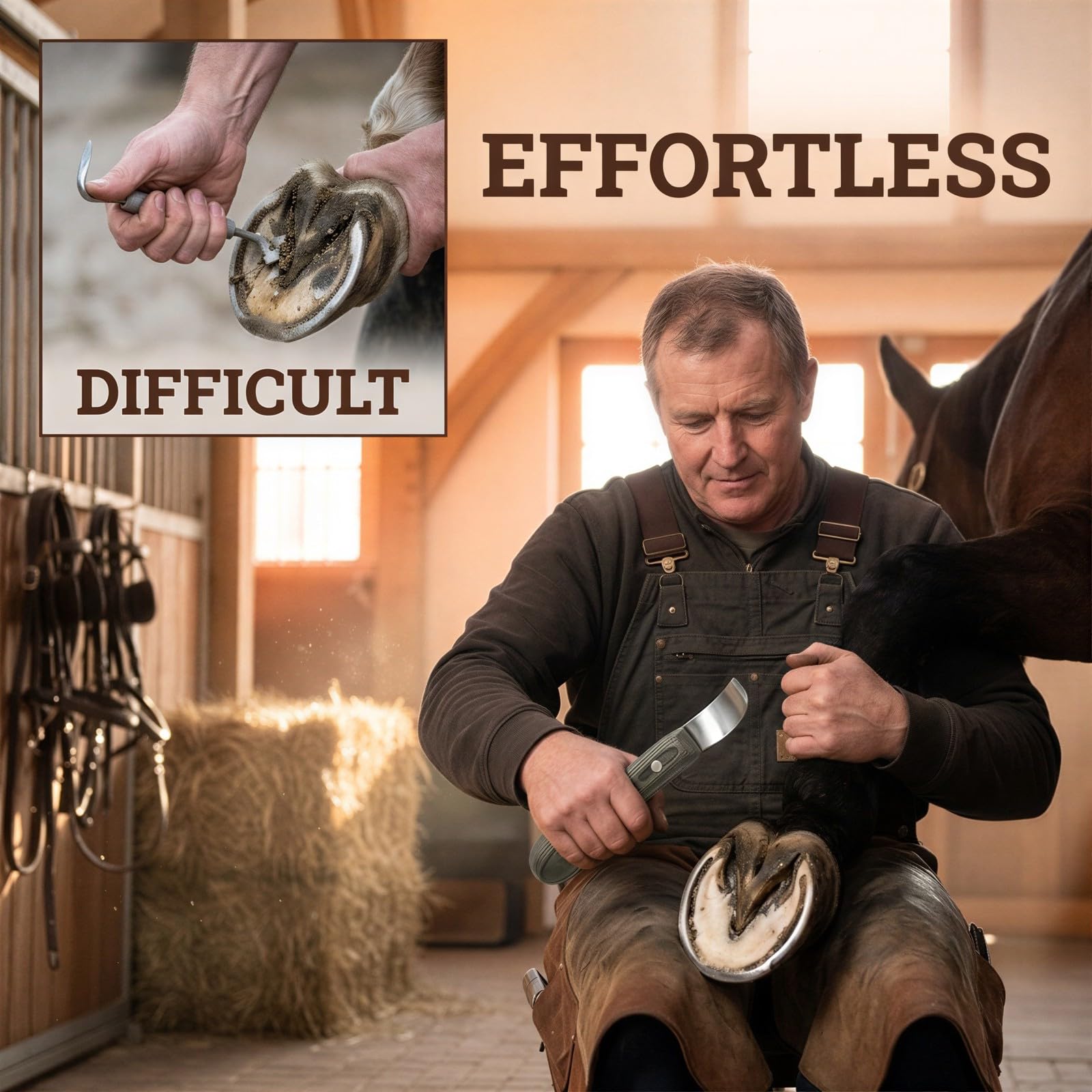 Hufmesser für Pferde, Werkzeug aus Edelstahl mit ringförmiger Klinge, ergonomischem bunten Holzgriff, für professionelles Huftrimming und Pflege, Zubehör für Stallreparaturen, schwarz Silber