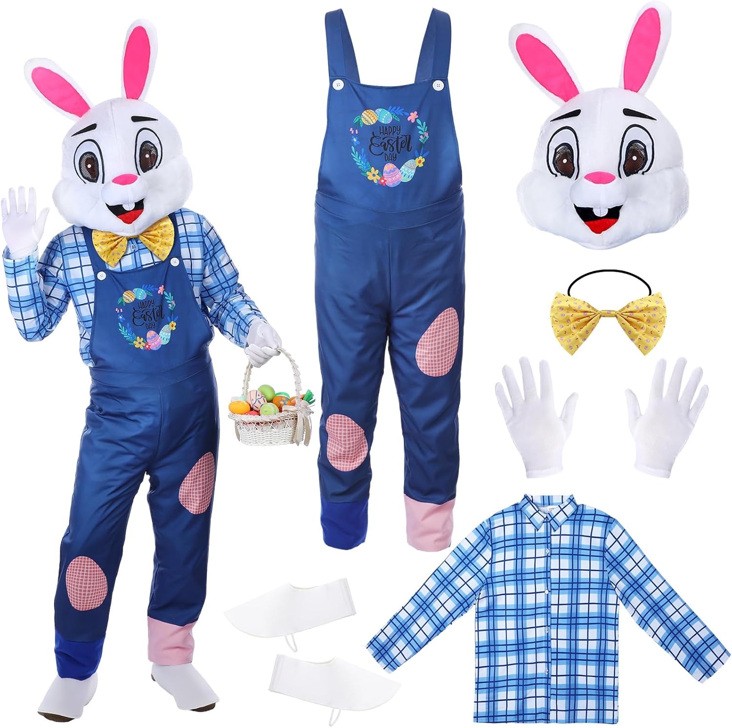 Hicarer Easter Bunny Costume for Adult Happy Easter Rabbit Mascot Dungarees and Bunny Head Unisex Cosplay Costume Accessories