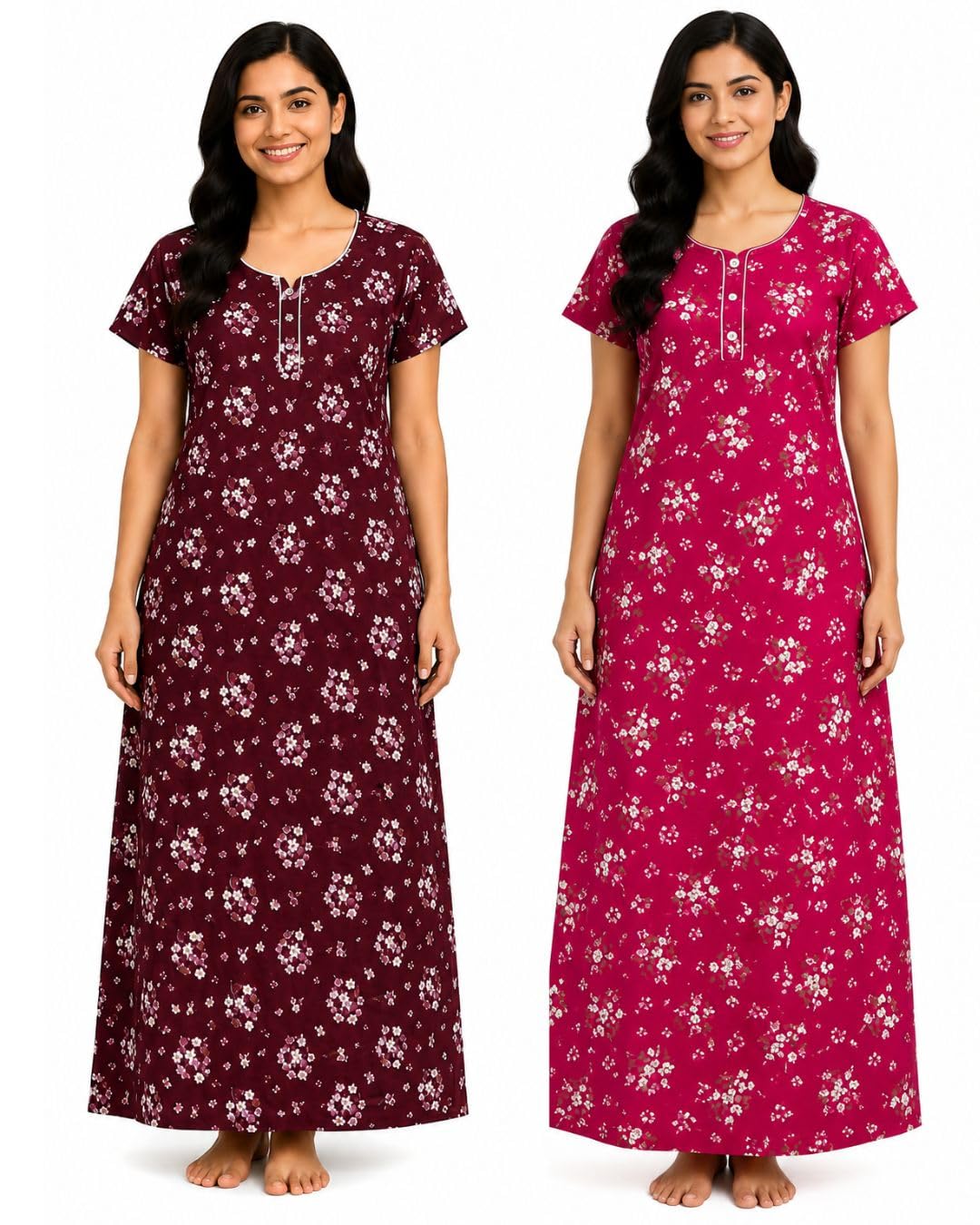 Pure Cotton Nighty for Women Pack of 2 | Floral Printed Maxi Night Gown with Pocket | Soft Breathable Cotton Nightwear | Ankle Length House Dress | Free Size-picture-51