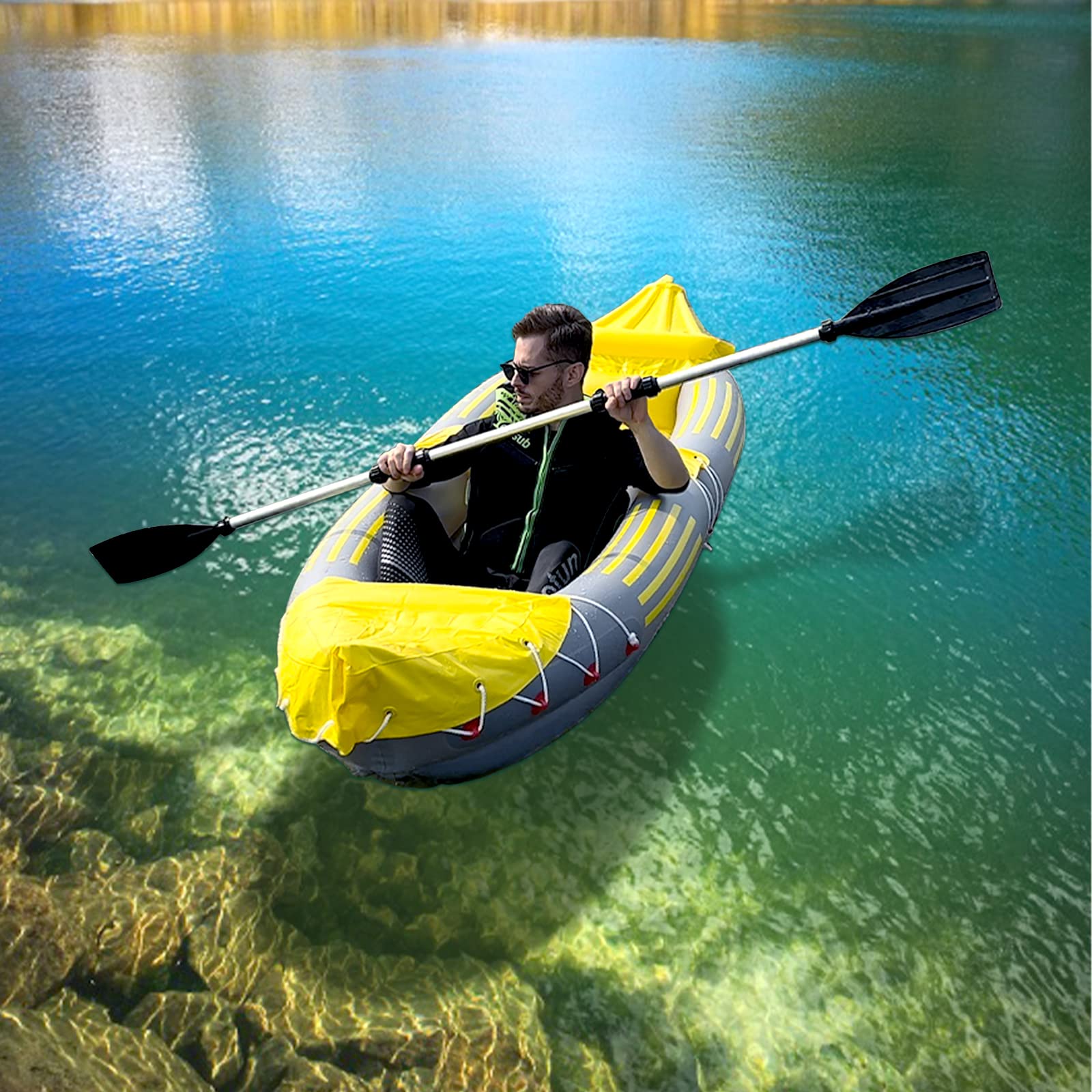 Canoa inflable del barco del kayak inflable de 2 personas,Kayak inflable de la pesca de la serie profesional amarilla con los remos de aluminio, bomba