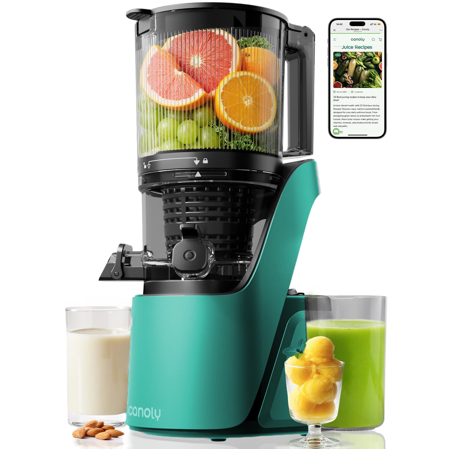 3-in-1 Sieb (für Saft, Sorbet & Nussmilch), 2,2 L Füllvolumen Slow Juicer mit AC-Motor, Selbstschneid-System Kaltpresse Saftpresse, BPA-Frei