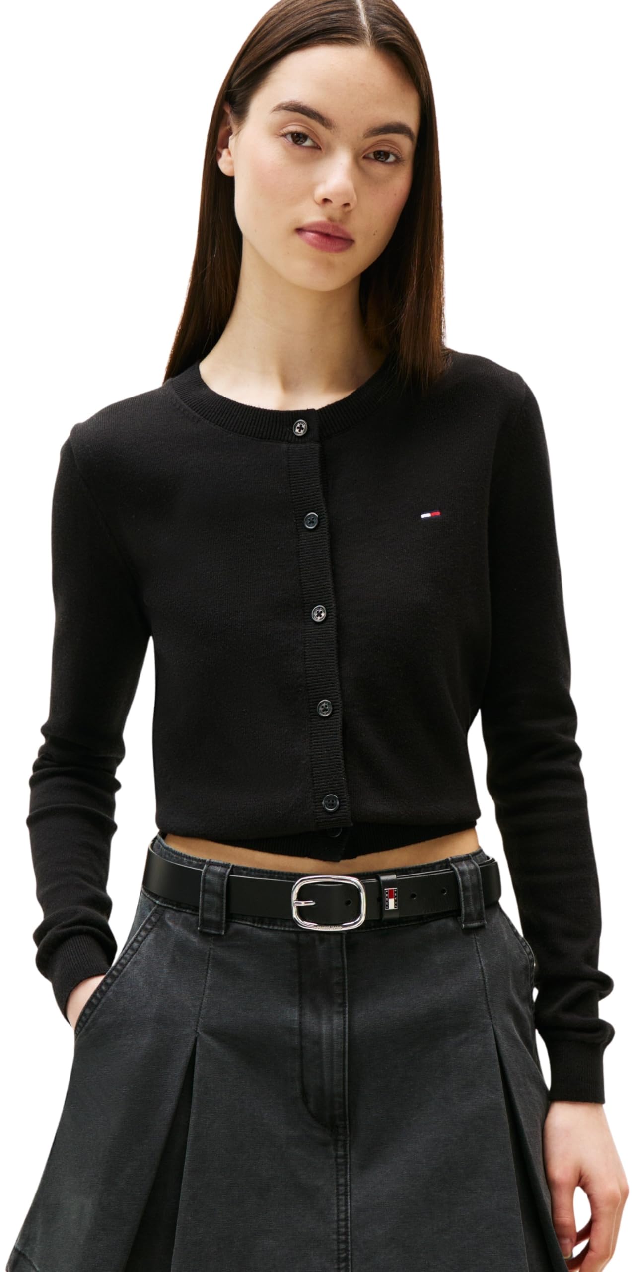 Tommy Jeans Women’s Essential Crew Neck Cardigan with Buttons, Black (Black), XL