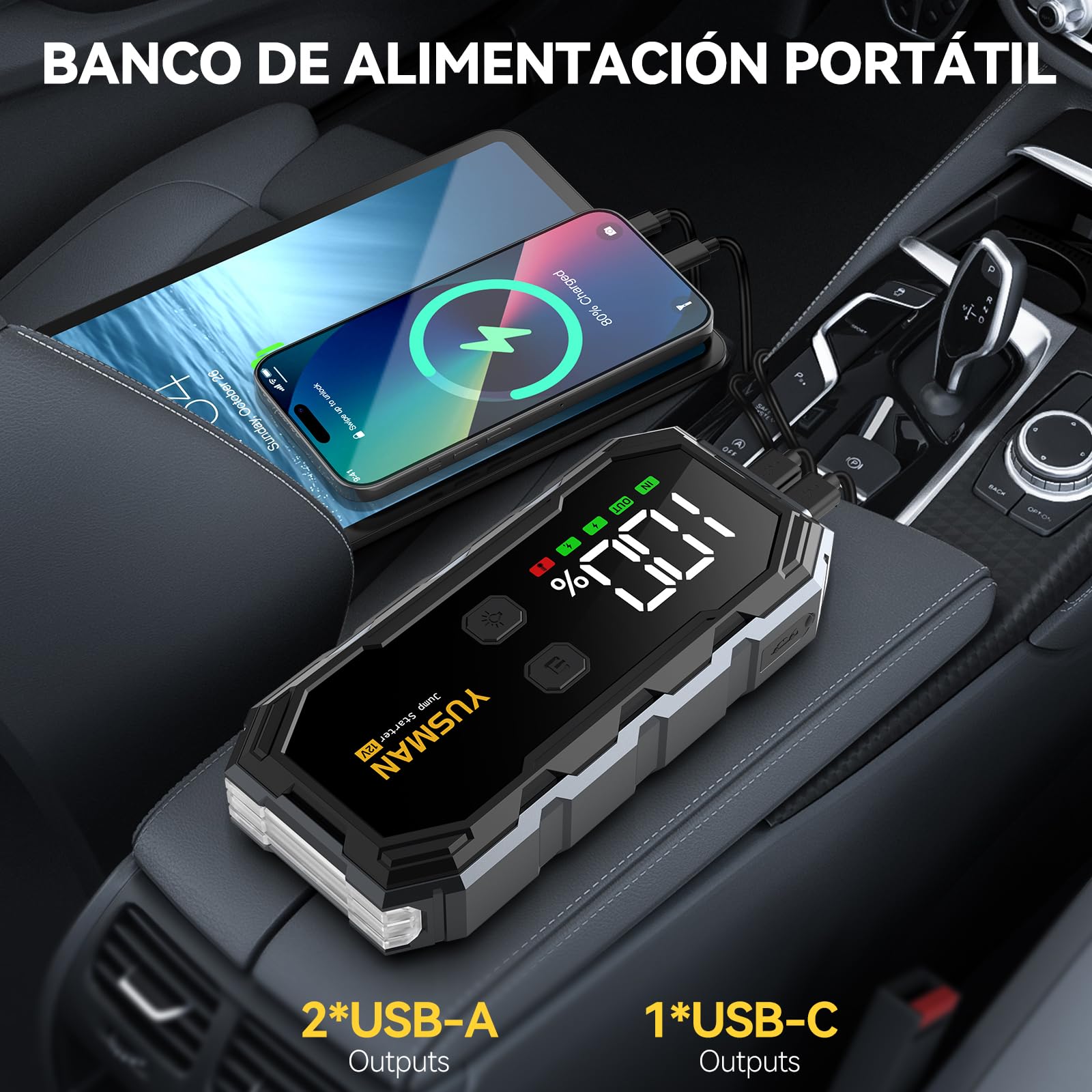YUSMAN Arrancador de Coche, 10000A Arrancador de Baterias de Coche,12V Arrancador de Portátil con para All Gasolina o 10L Diesel, Linterna LED de Emergencia,Carga Rápida, Pantalla LCD Extragrande