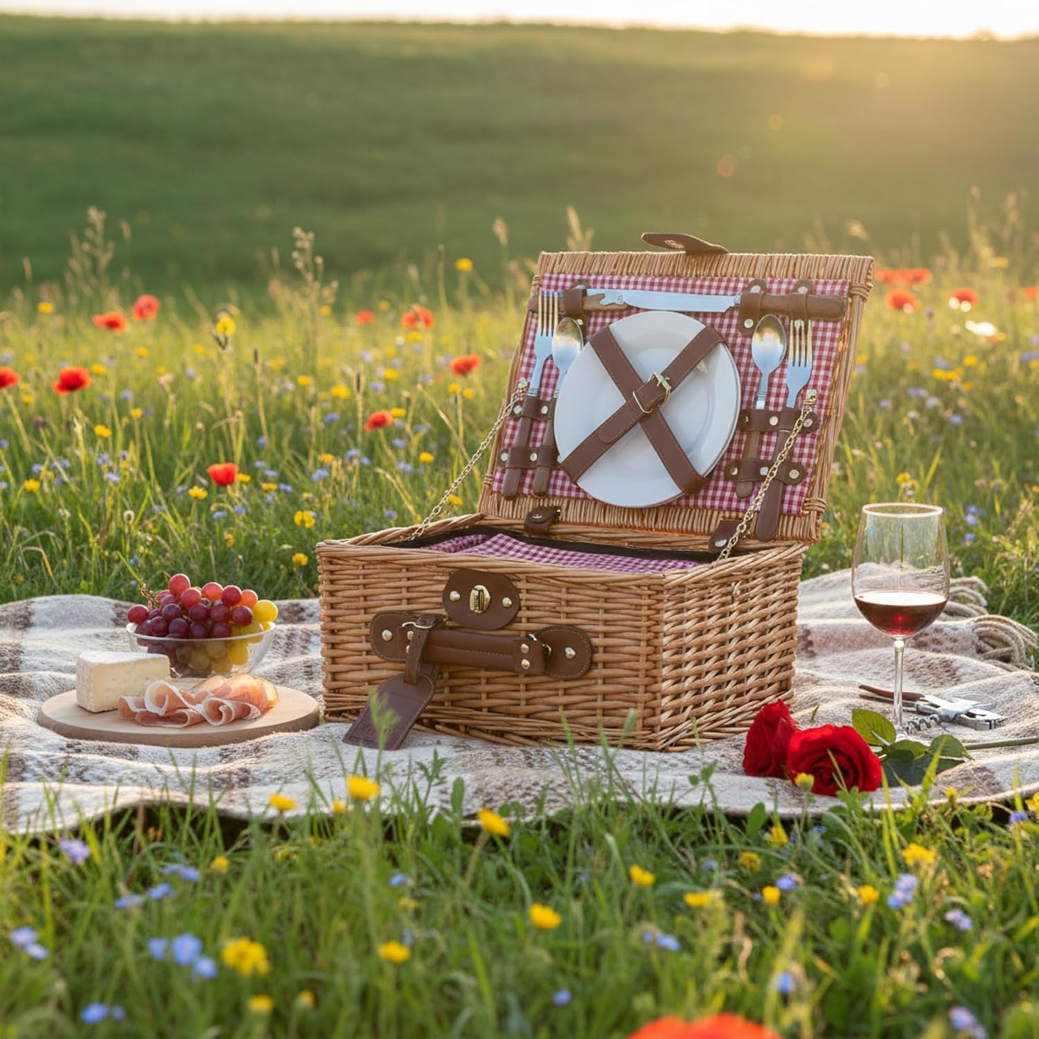 Picknickkorb für 2 Personen – Handgefertigtes Picknick Set aus Weide mit Kühlfach – Rot-Weiße Innenausstattung
