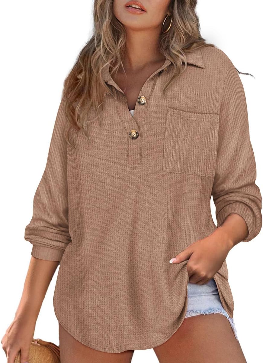 CARCOS Plus Size Tops for Women Waffle Knit Henley Shirts Long Sleeve Button V Neck Tunics Casual Solid Blouse with Pocket