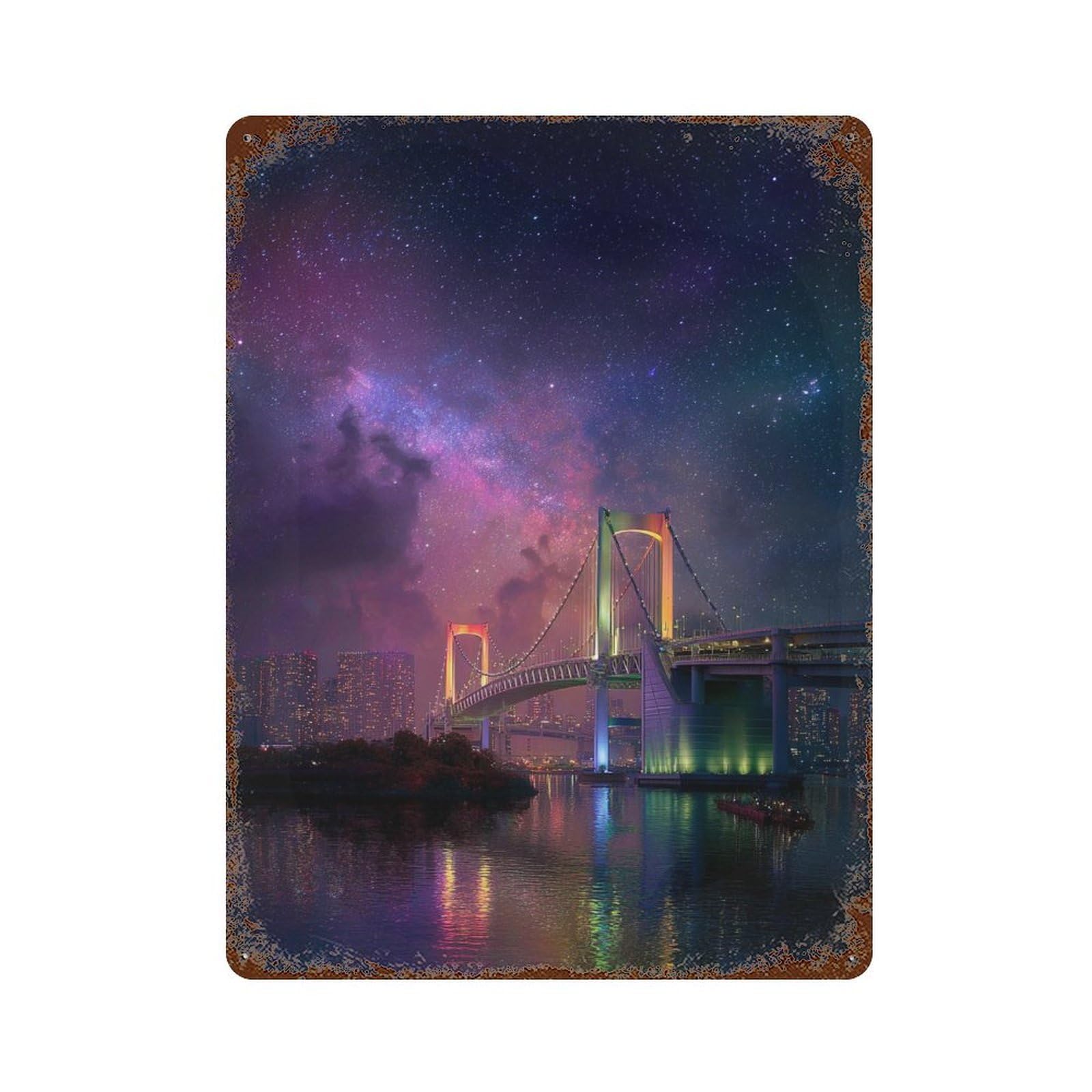 Distressed Metal Wall Sign Rainbow Bridge Night Sky 15.7"x11.8", Old School Wall Decor for Bistro, Counter And Cafe Decor