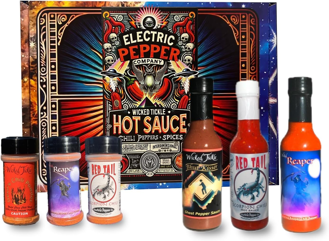Wicked Tickle & Wicked Reaper World's Hottest Spice Gift Set – Carolina Reaper, Ghost Pepper, and Scorpion Chili Products Plus Free Sauce