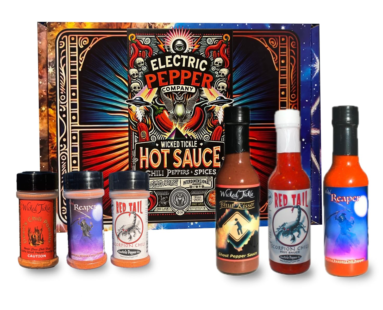 Wicked Tickle & Wicked Reaper World's Hottest Spice Gift Set – Carolina Reaper, Ghost Pepper, and Scorpion Chili Products Plus Free Sauce