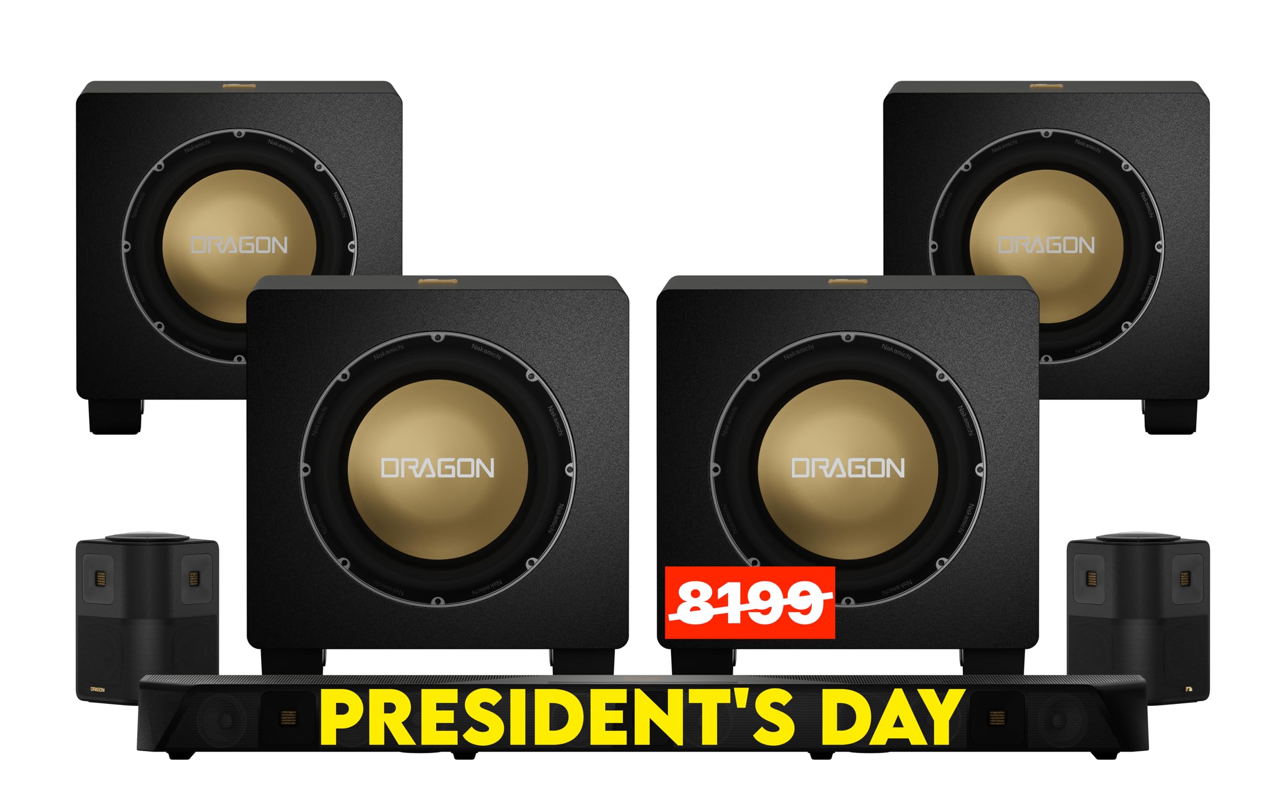 - Dragon 11.4.6 Ch Surround System w Dolby Atmos/DTS:X Pro (Pro Cinema Engine), HiFi AMTs, Quad Reference 12" Subs, Bipolar Surr, 6 Discrete Height Ch, 5500Watts Max Output. AVR Grade Soundbar